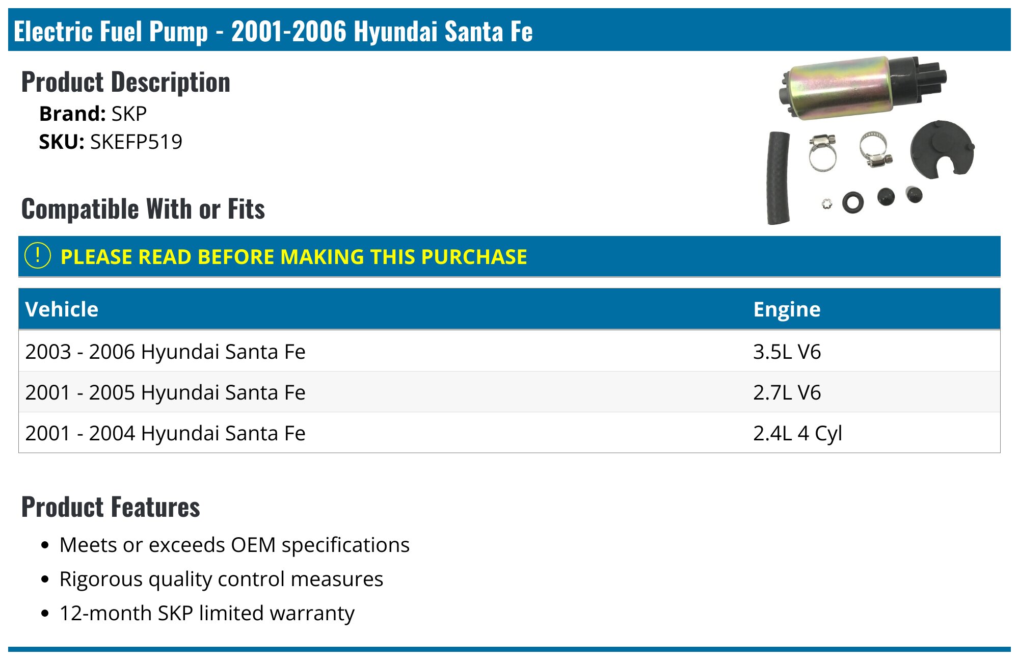 A-Premium Fuel Pump Assembly For Hyundai Santa Fe 2003-2005 2.4L 3.5L Gas