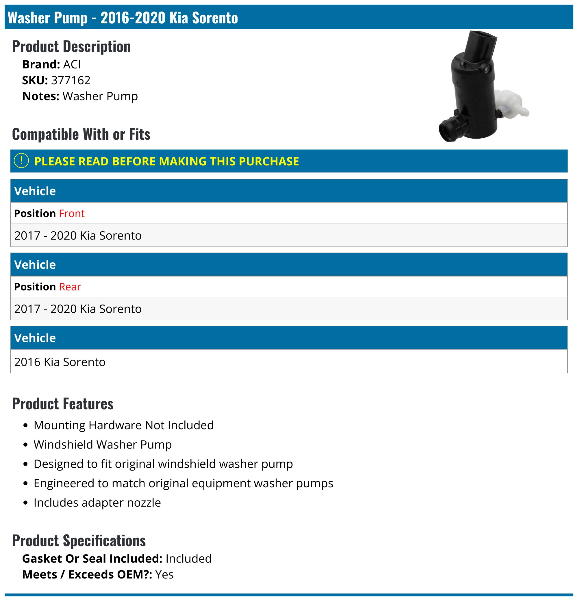 ACDelco Professional 8-6738 Windshield Washer Pump, 7.2 in, Windshield