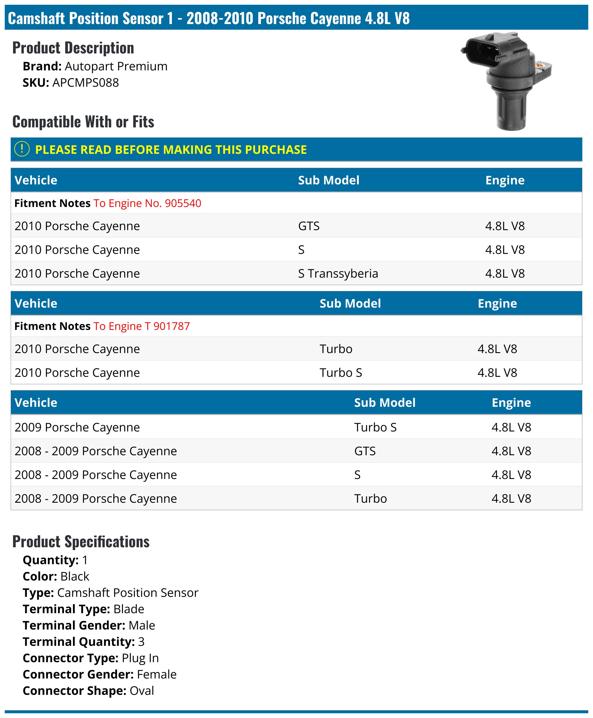 Bosch 0232103088 Engine Camshaft Position Sensor - For Porsche Cayenne & Panamera V8 (OEM 94860610600)