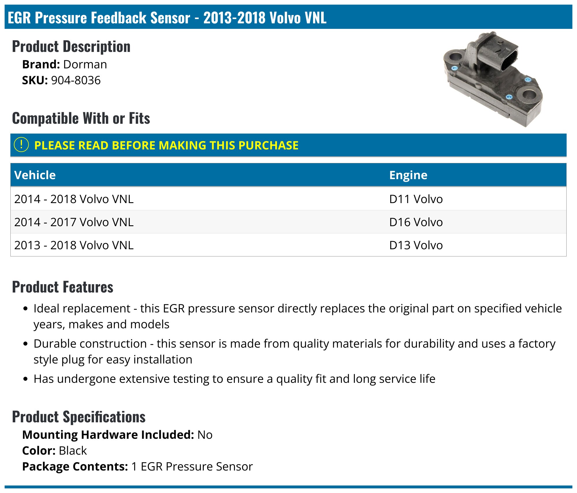 2013-2017 Volvo VNL EGR Pressure Feedback Sensor - Dorman 904-8036 ...