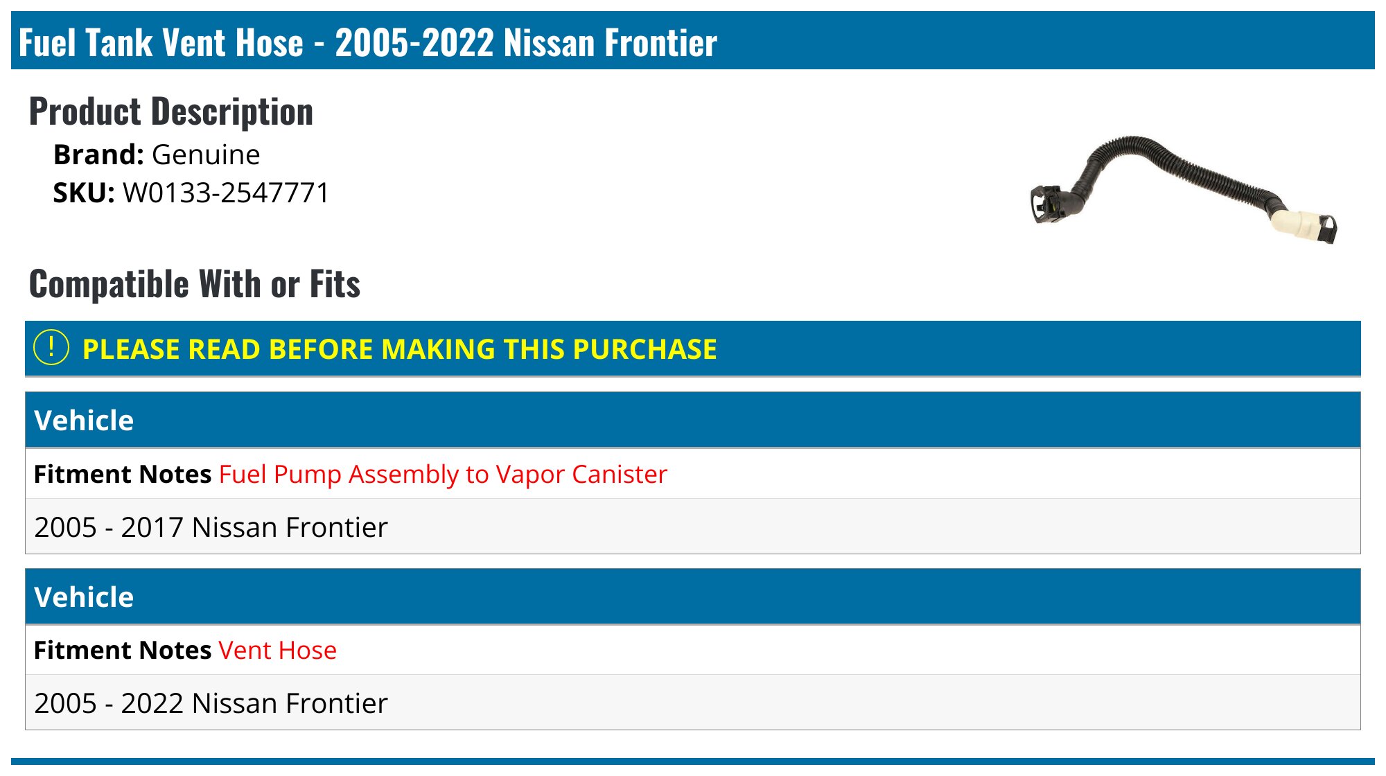 20052022 Nissan Frontier Fuel Tank Vent Hose Genuine W01332547771
