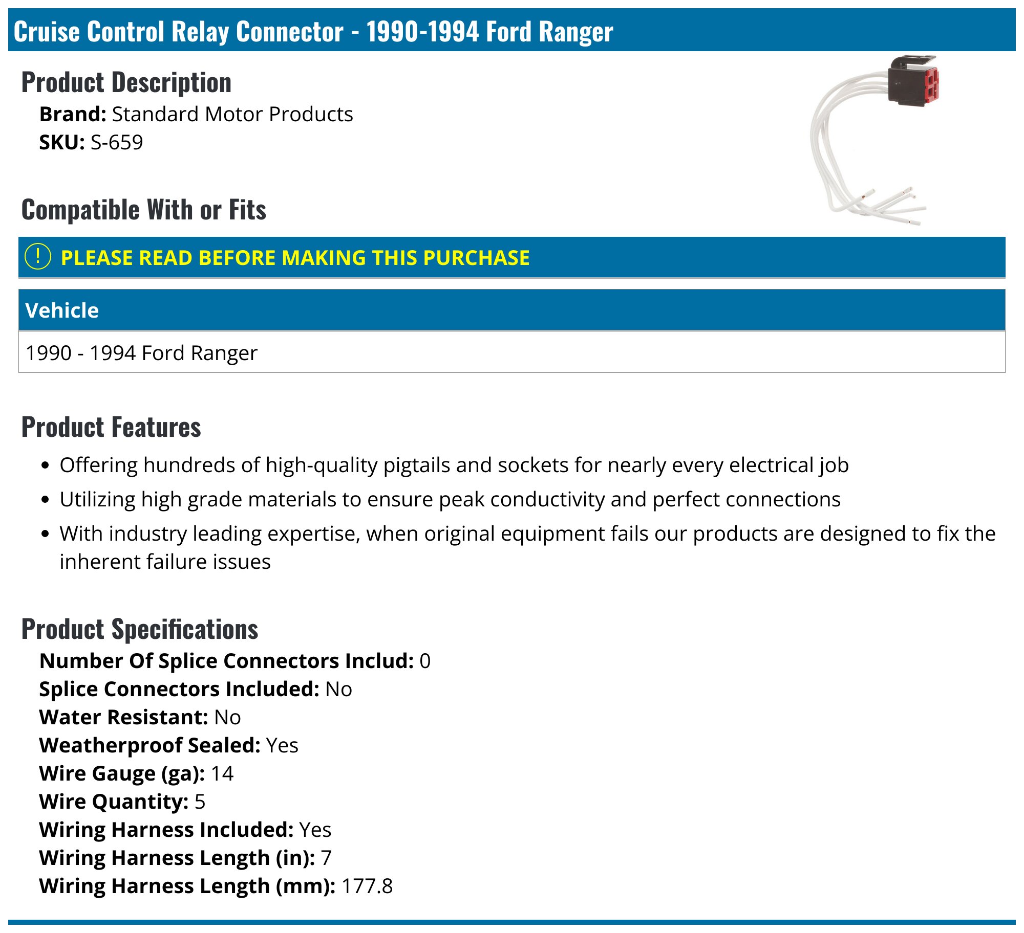 1990-1994 Ford Ranger Cruise Control Relay Connector - Standard Motor ...