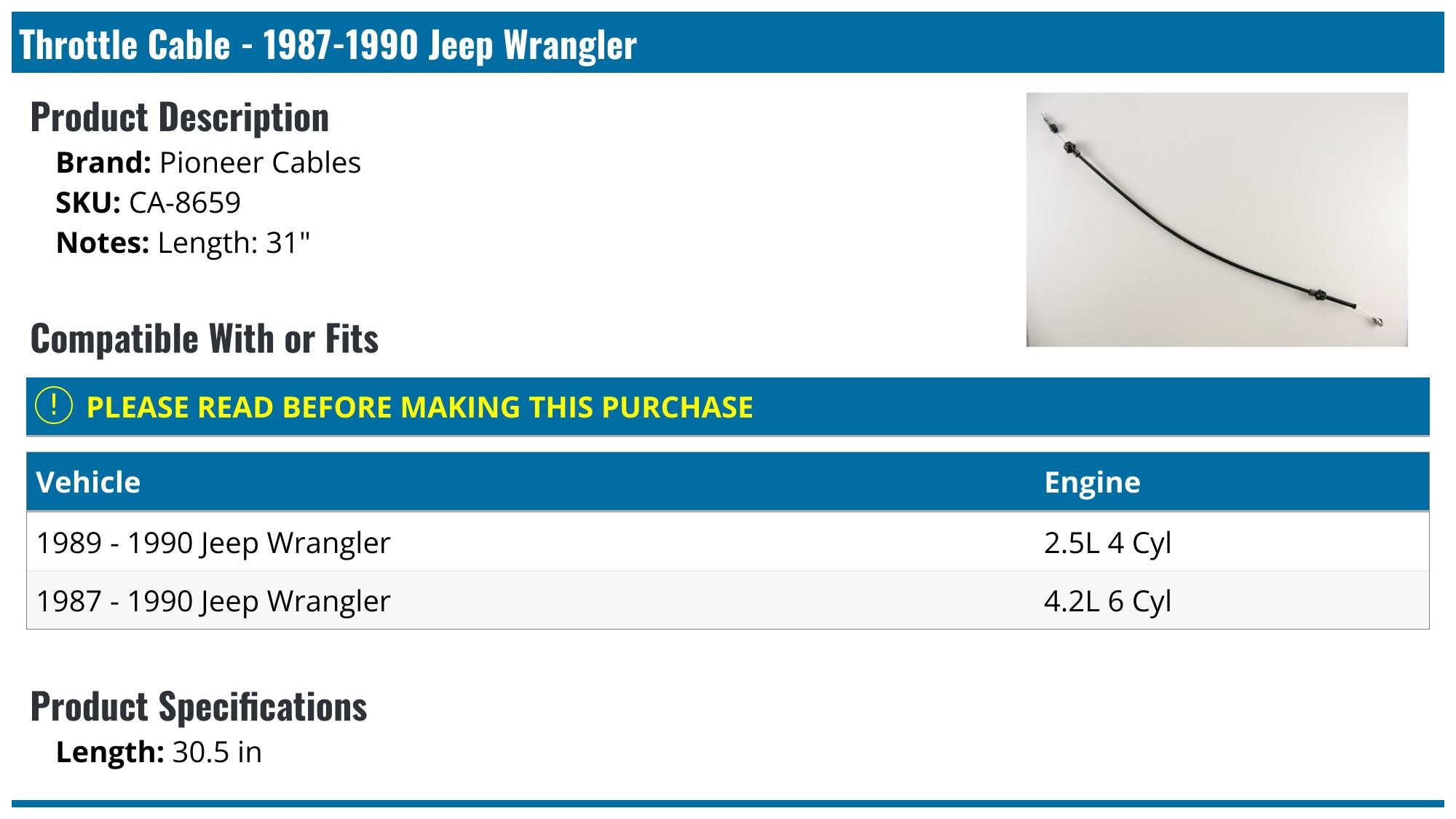 19871990 Jeep Wrangler Throttle Cable Pioneer Cables CA8659