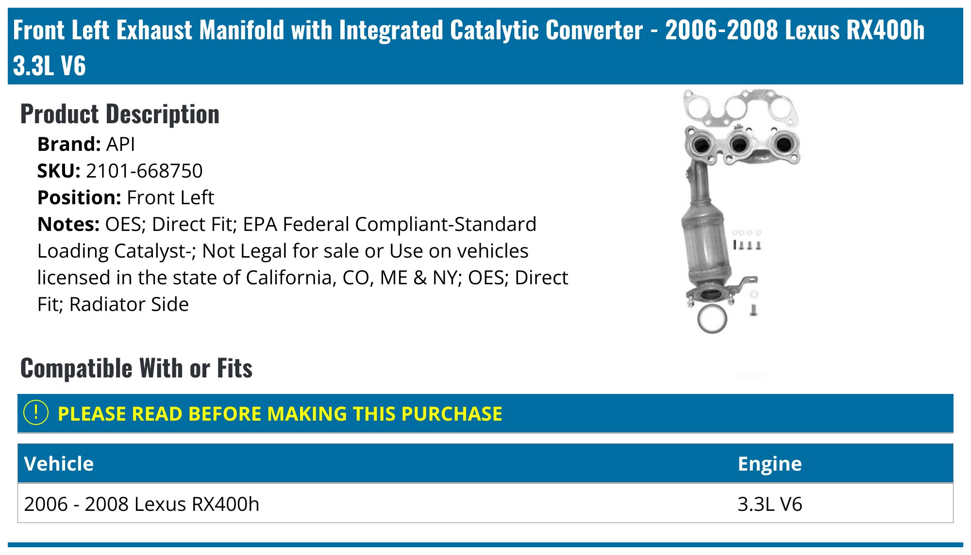 20062008 Lexus RX400h Catalytic Converter API 1857802654769 Front