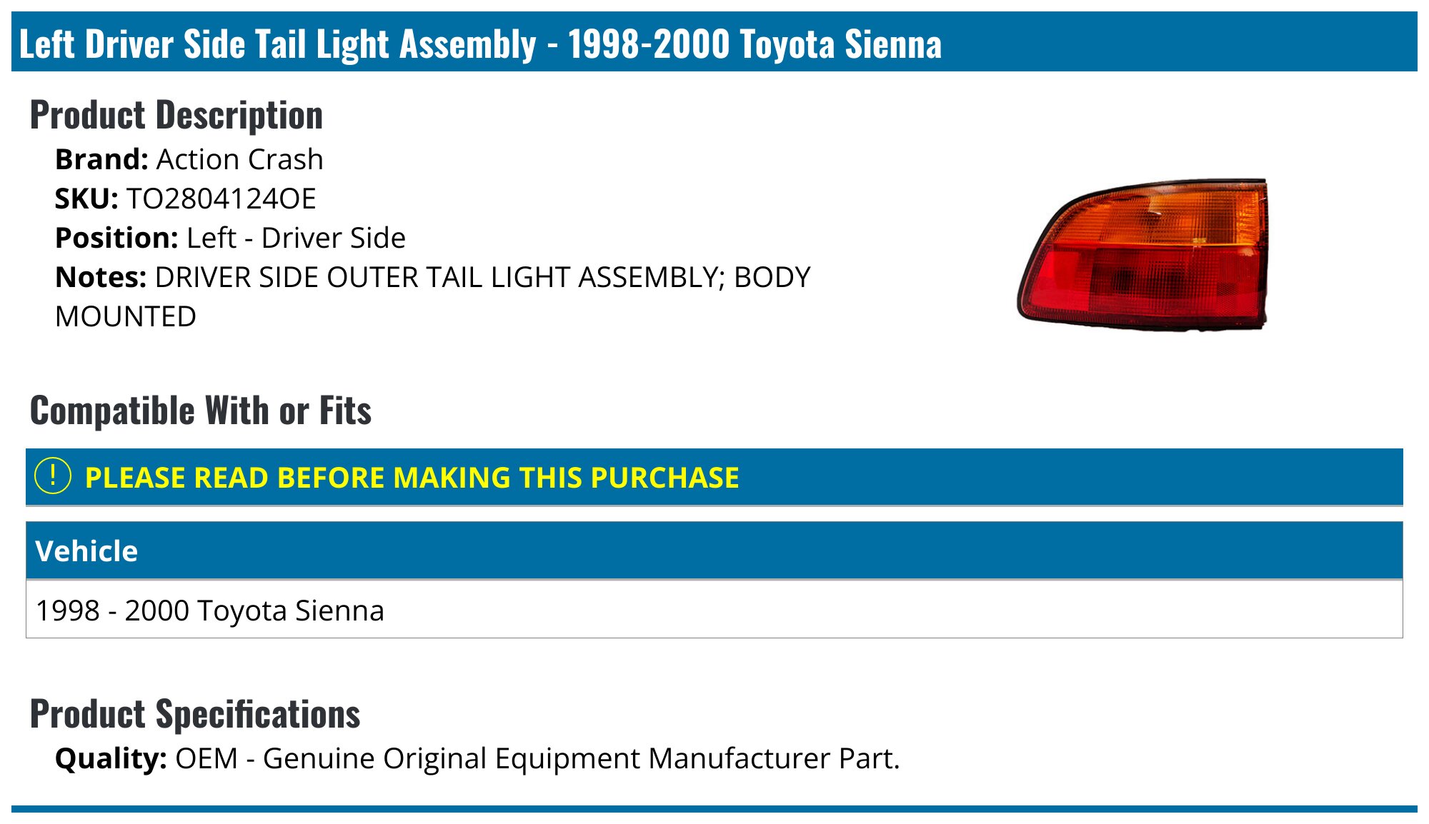 Eagle Eyes Tail Light Outer Right Passenger Side – For Toyota Sienna SE 2011-2018, DOT/SAE