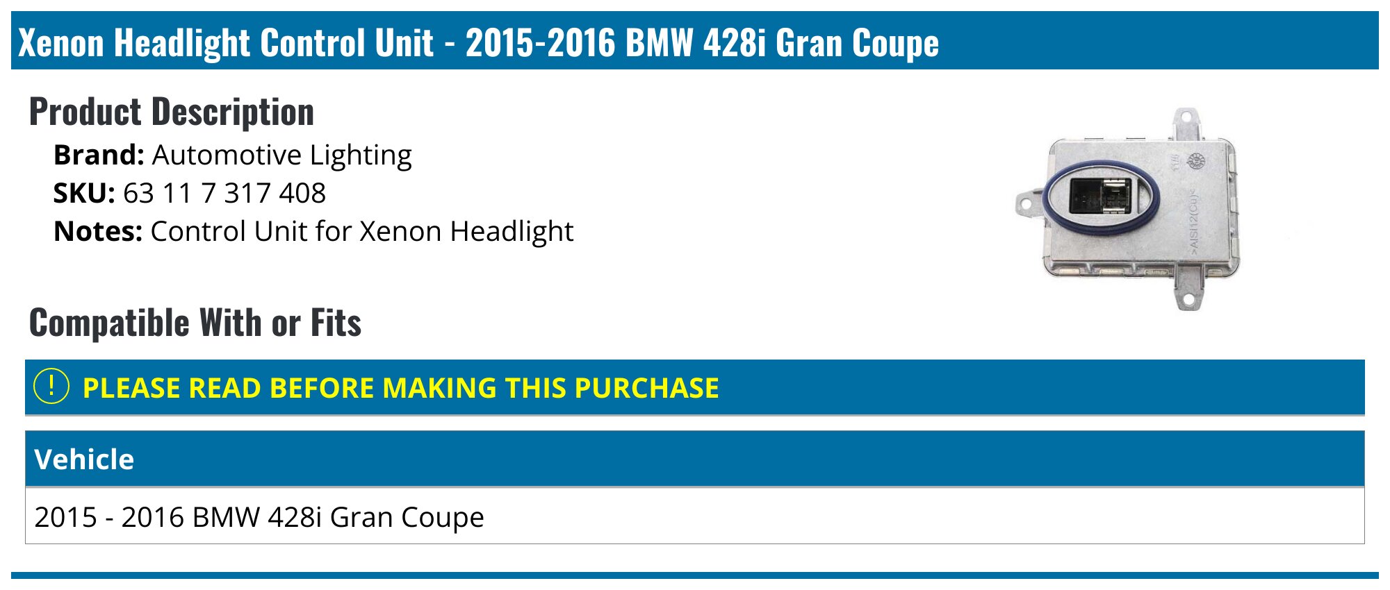 2015-2016 BMW 428i Gran Coupe HID Headlight Control Module - Automotive ...