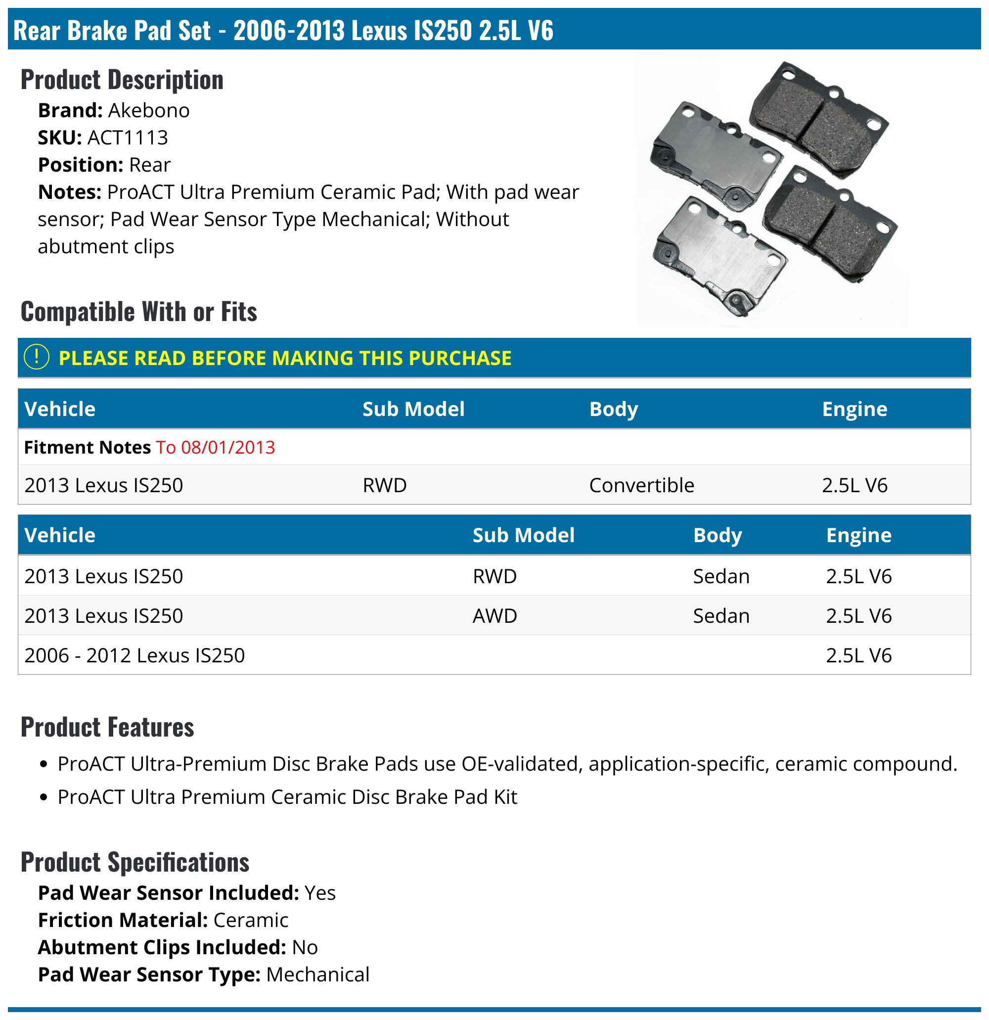 Horsepower Rear Brake Pads And Disc Rotors Set For Lexus IS250 2.5L 2006-2013 – Geomet Coated, Rust Preventative