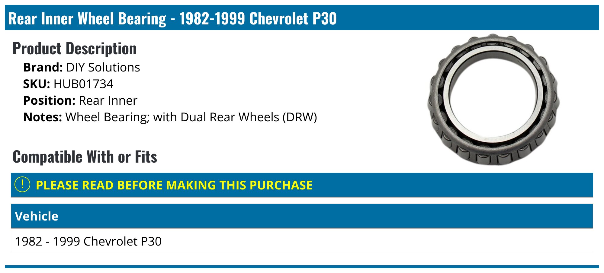 1982-1999 Chevrolet P30 Wheel Bearing - DIY Solutions HUB01734 - Rear ...