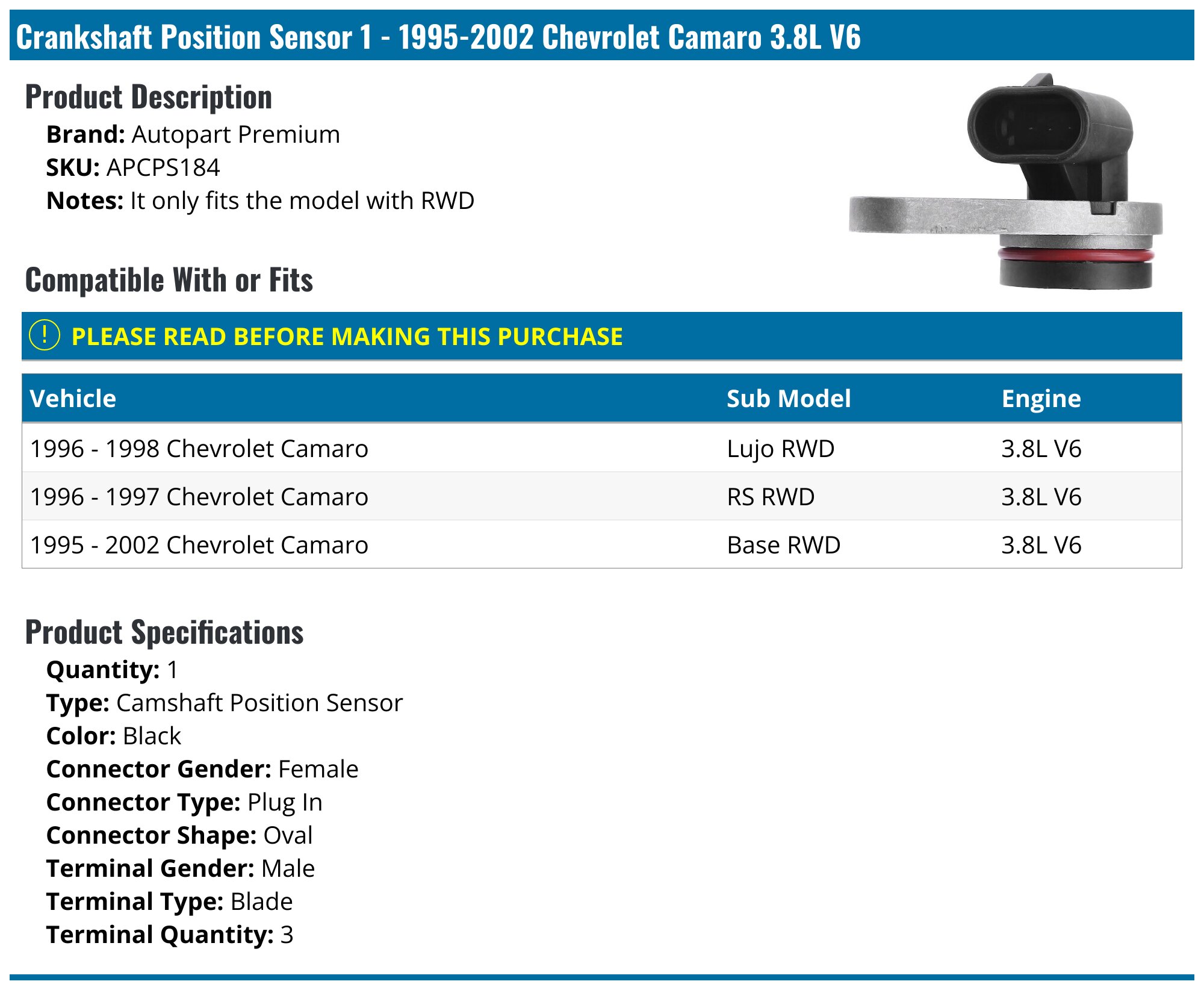 Sensor Camaro 1995-2002 Chevrolet Camaro Camshaft Position Sensor - Autopart Premium ...
