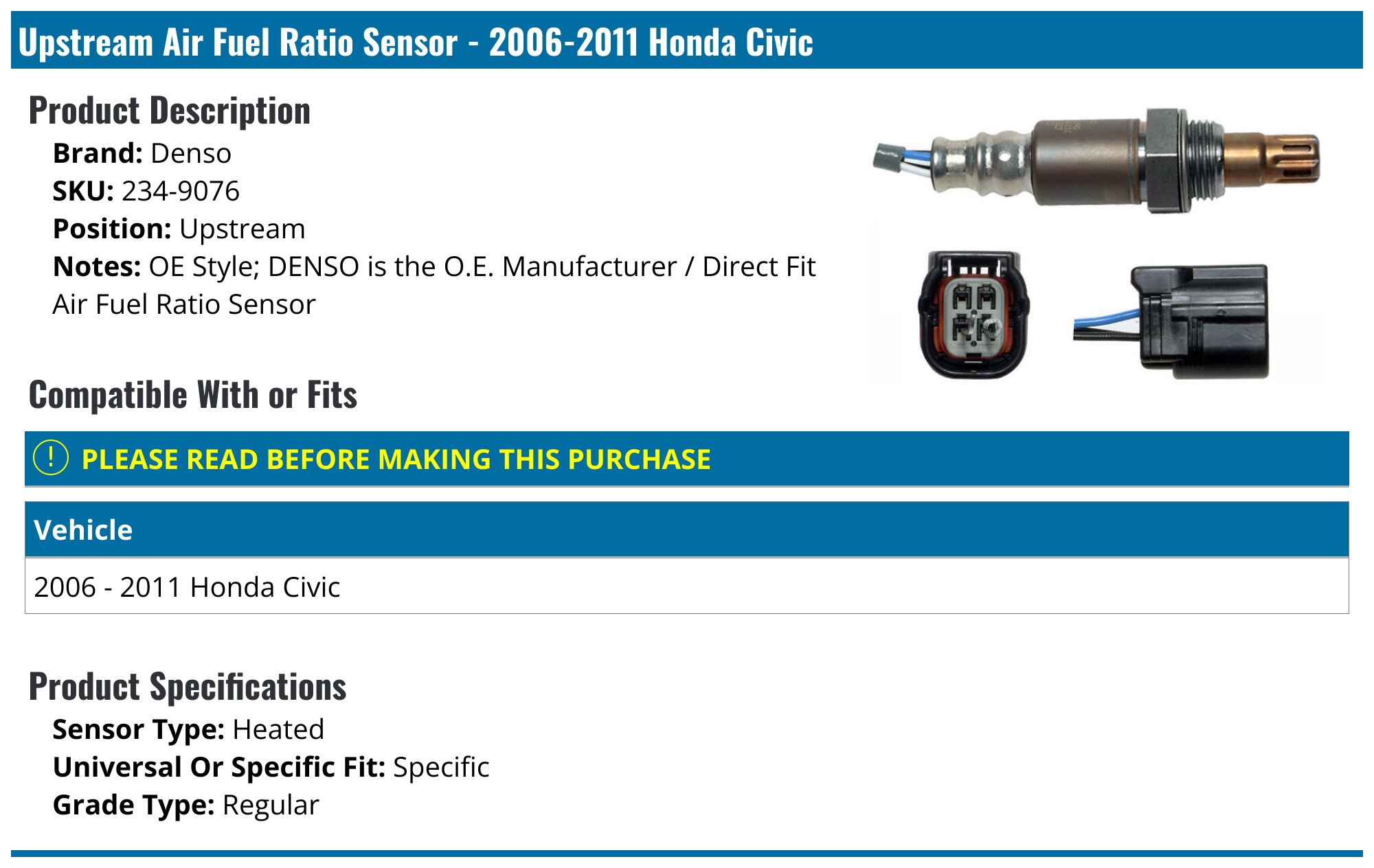 Germban 234-9076 Upstream O2 Sensor Air Fuel Ratio Oxygen Sensor Replacement for 2006-2011 Honda Civic Acura CSX 2.0L L4 36531-RRA-003 Germban 234-9076 Upstream O2 Sensor Air Fuel Ratio Oxygen Sensor Replacement for 2006-2011 Honda Civic Acura CSX 2.0L L4 36531-RRA-003