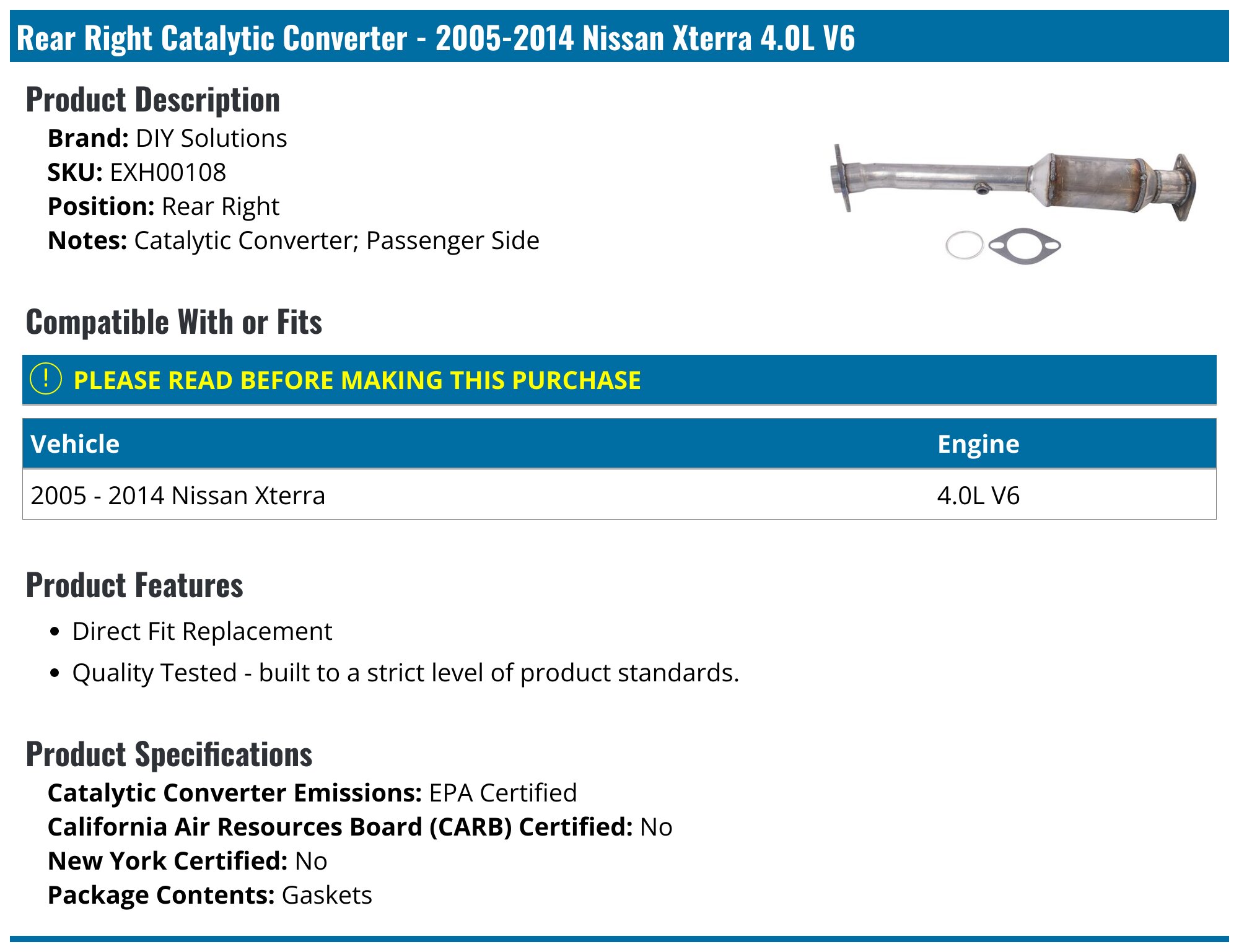 thumbnail image 2 of 4PCS EPA Certified Catalytic Converter Set For 2006-2014 Nissan Xterra Pathfinder Frontier 4.0L V6 – Direct Fit Stainless Steel 2 of 4