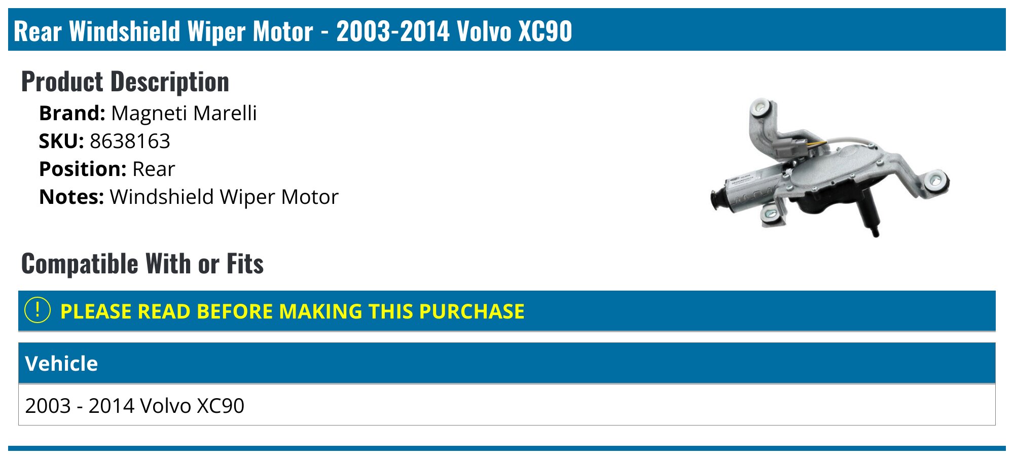 Front Windshield Wiper Motor For Volvo XC90 2004-2014 - 8693848 Direct Replacement