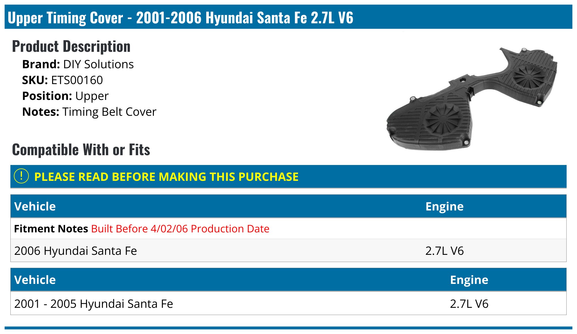 20012006 Hyundai Santa Fe Timing Cover DIY Solutions ETS00160