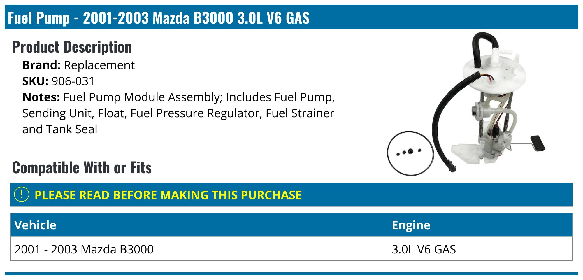 A-Premium Fuel Pump Module Assembly With Sending Unit For Ford Ranger & Mazda B-Series (1998-2000)