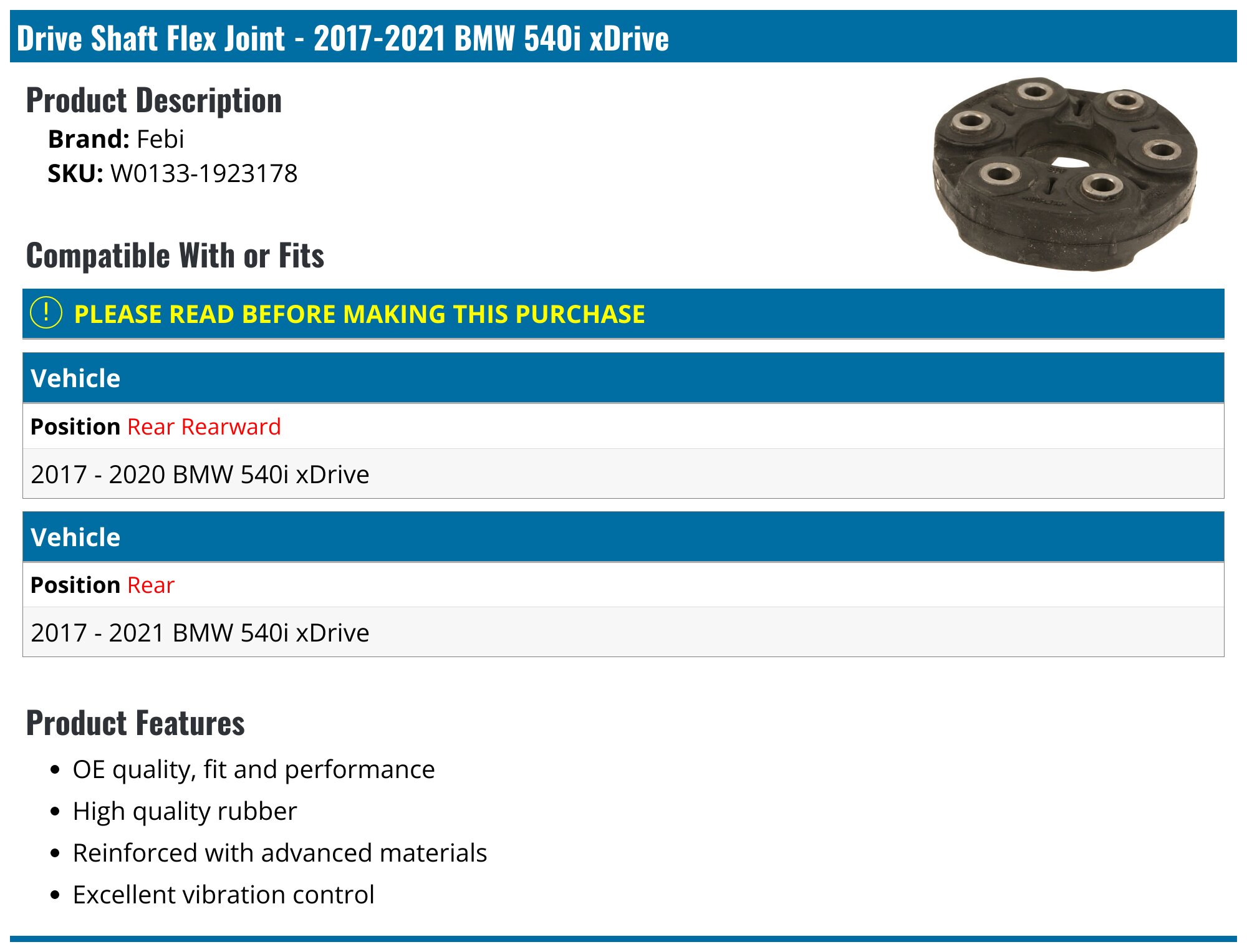 2017-2023 BMW 540i xDrive Drive Shaft Flex Joint - Febi W0133  