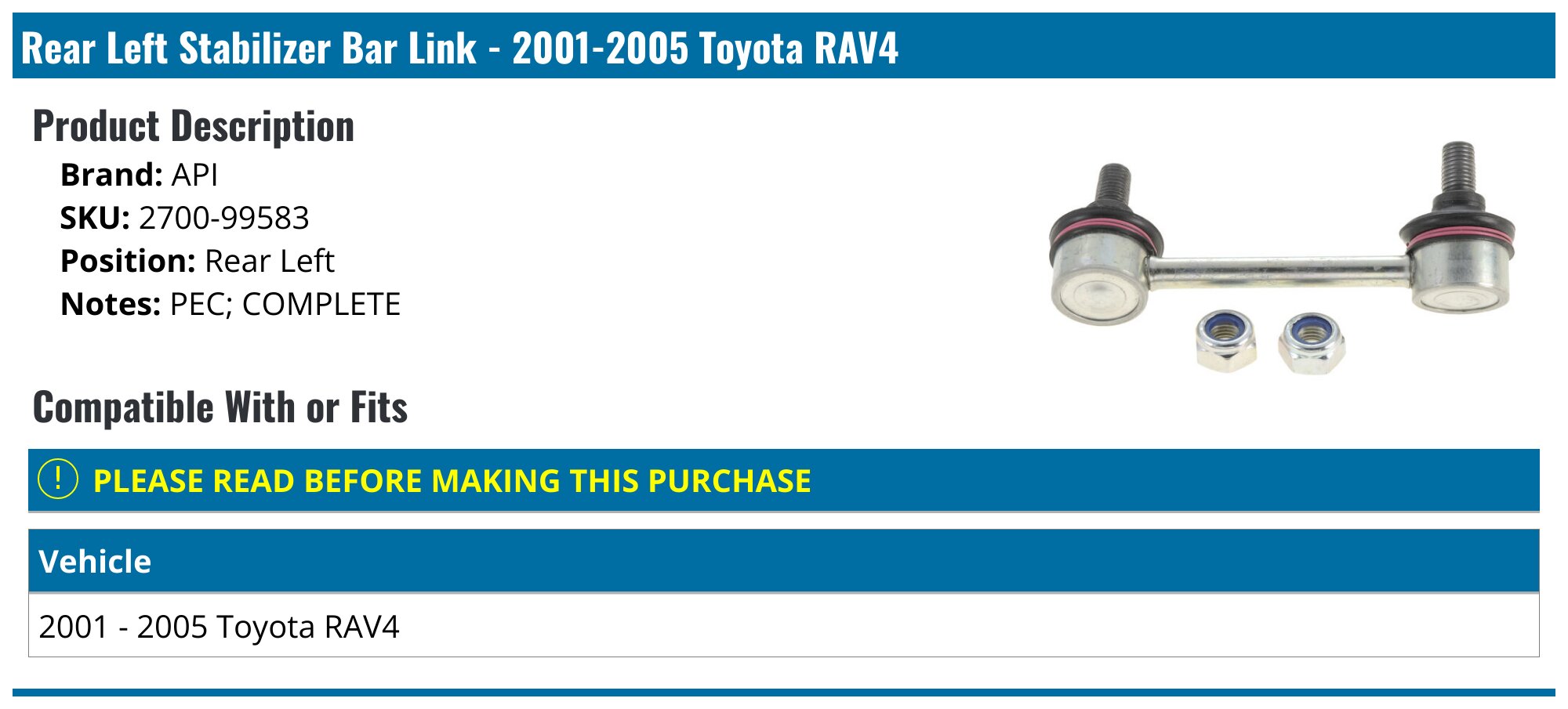 METRIX PREMIUM CHASSIS Rear Sway Bar Link Kit (2 PCS) – For 2001-2005 Toyota RAV4