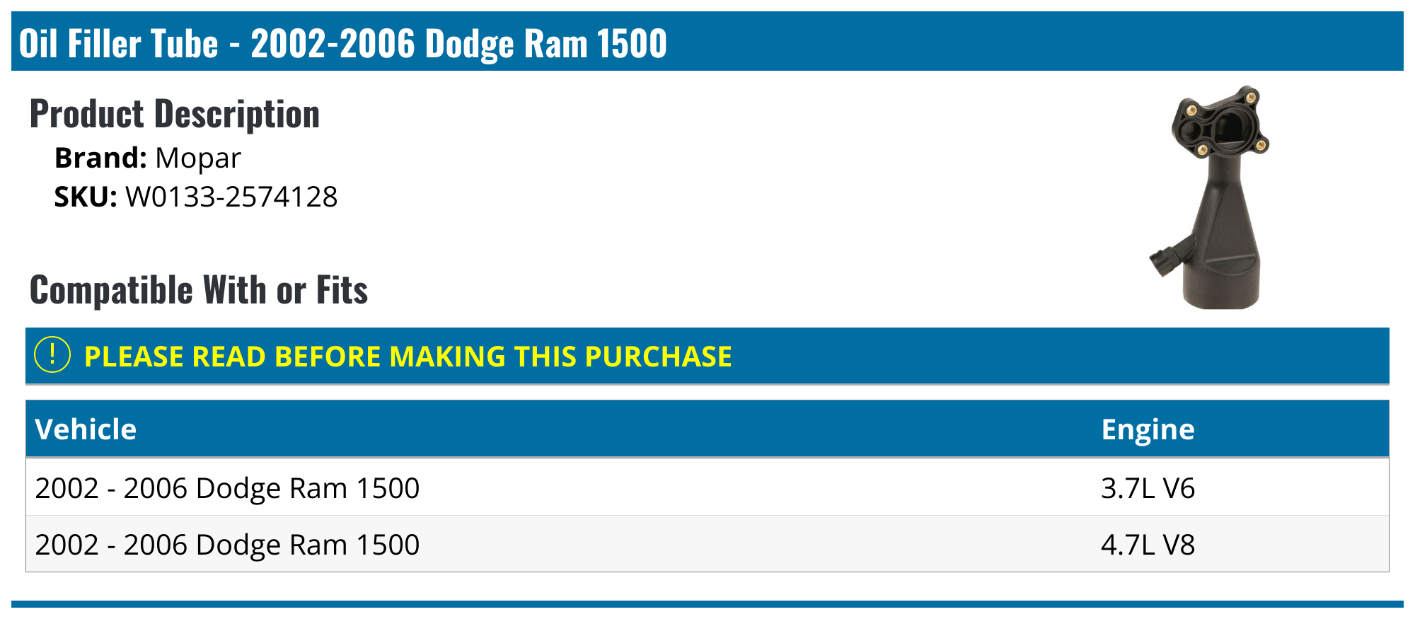 20022006 Dodge Ram 1500 Oil Filler Tube Mopar W01332574128
