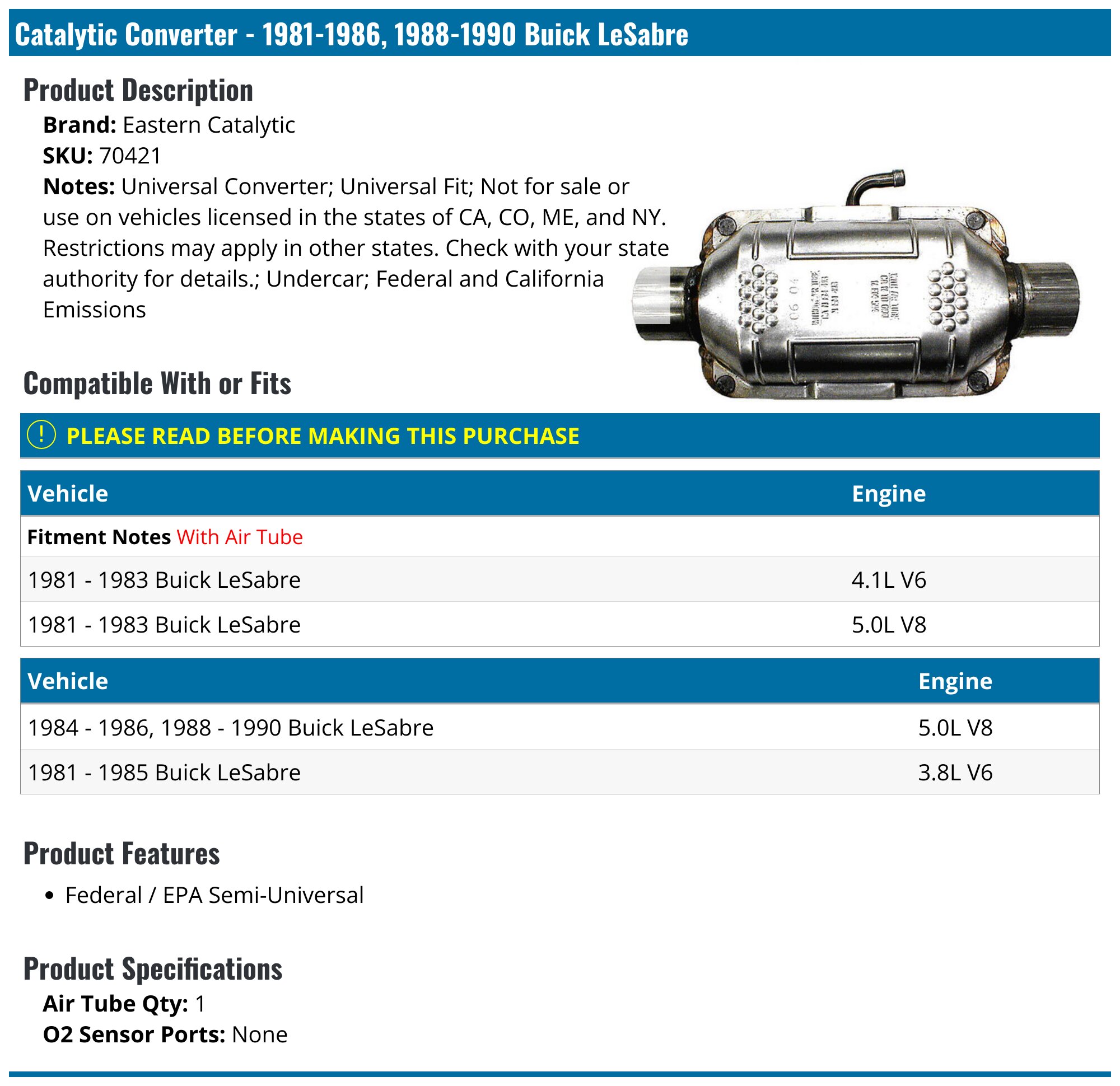 19811986, 19881990 Buick LeSabre Catalytic Converter Eastern