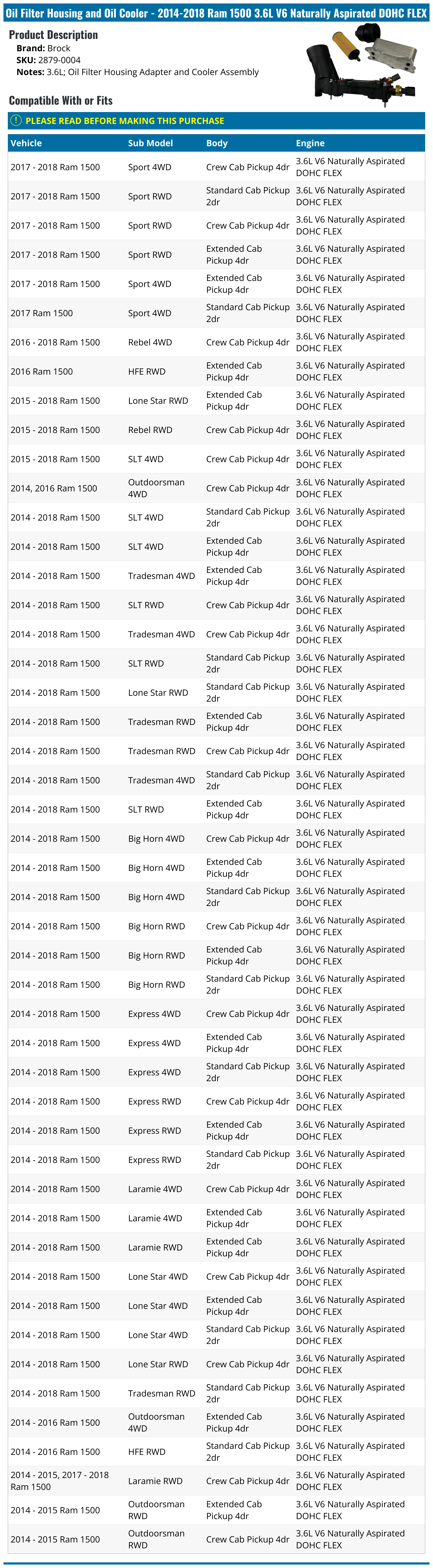 20142018 Ram 1500 Oil Filter Housing Brock 28790004