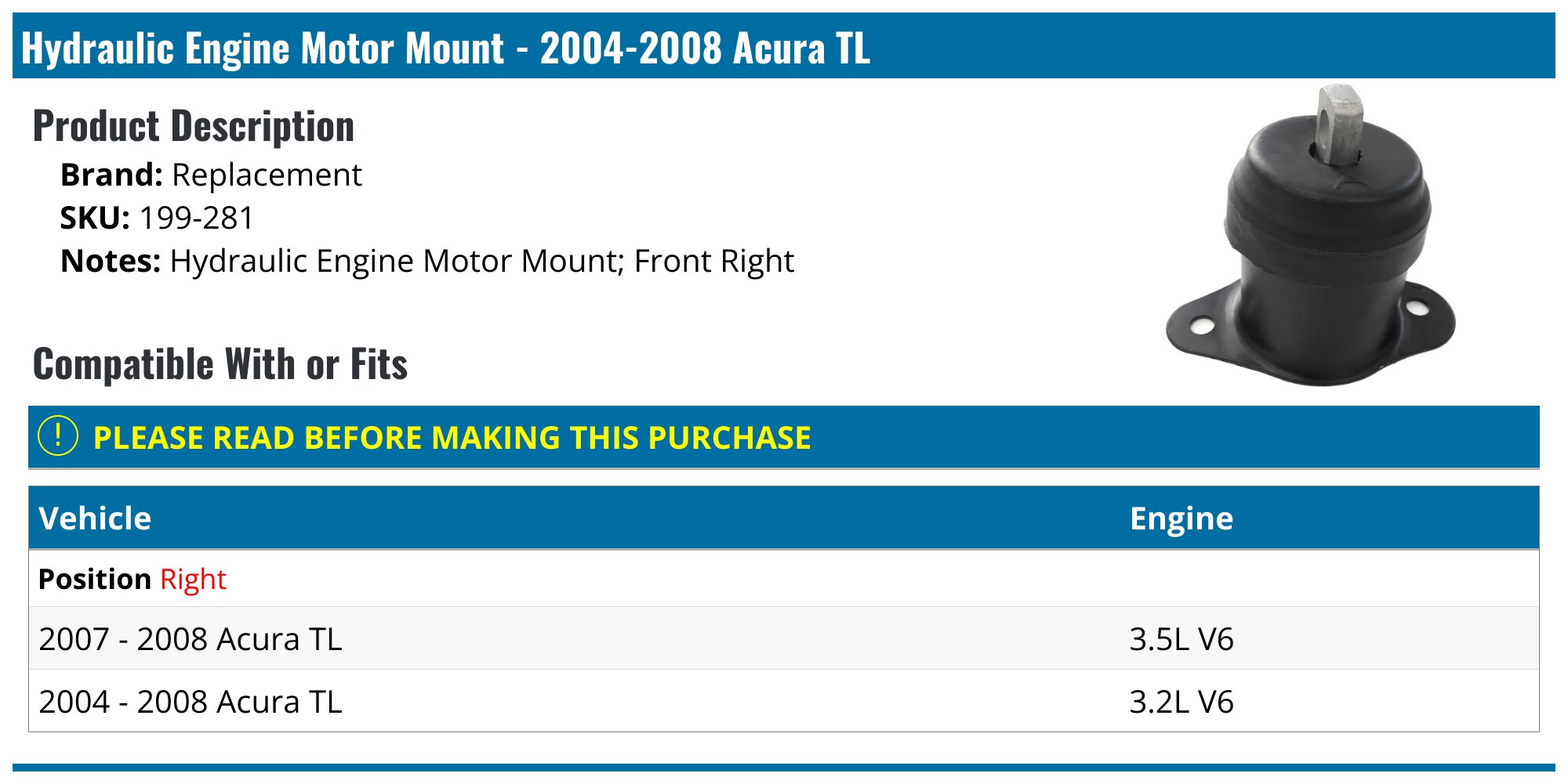Hydraulic Front Lower Engine Mount For 2007-2008 Acura TL 3.5L V6 – FT85462 With Vacuum Line