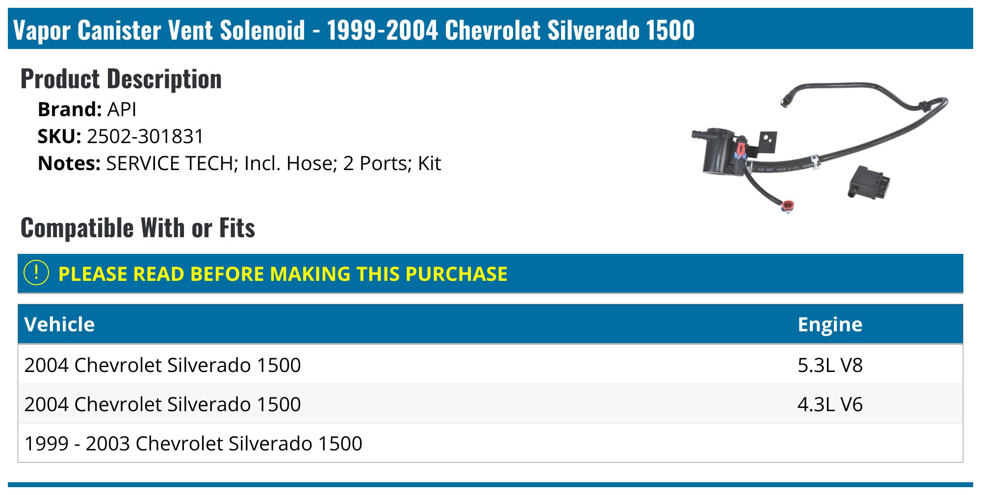 19992004 Chevrolet Silverado 1500 Vapor Canister Vent Valve API 3691