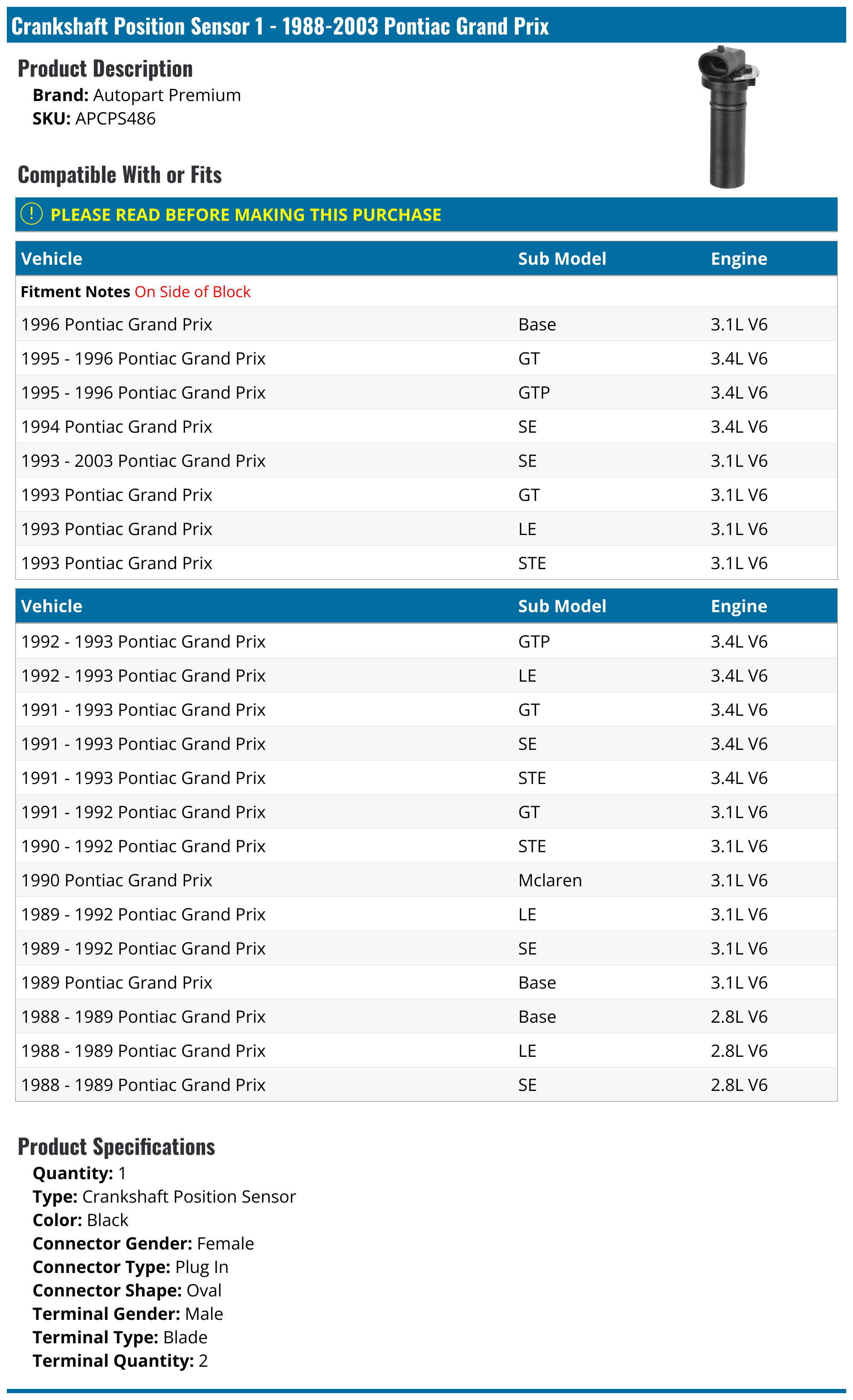 19882003 Pontiac Grand Prix Crankshaft Position Sensor Autopart