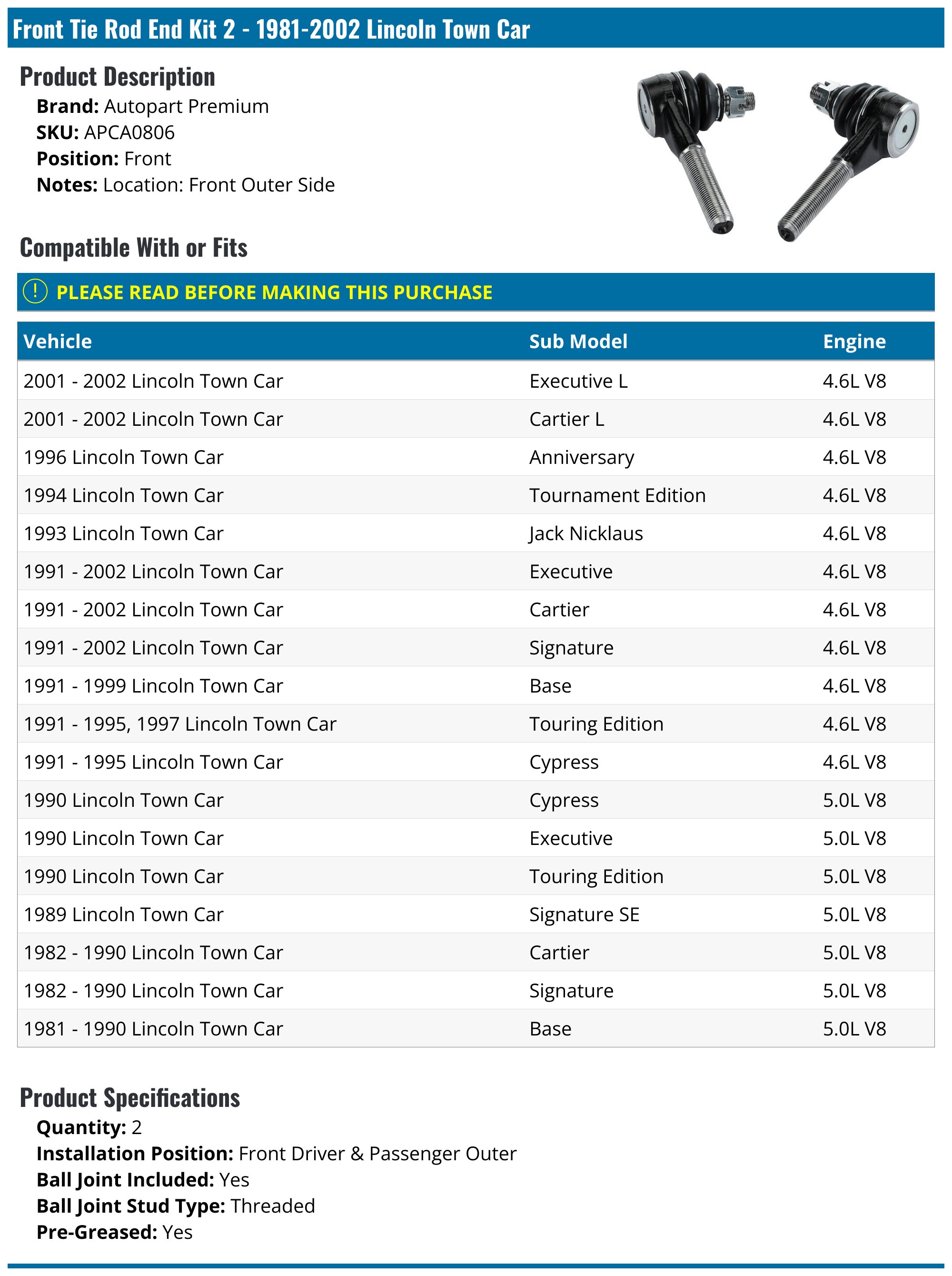 19812002 Lincoln Town Car Tie Rod End Autopart Premium APCA0806