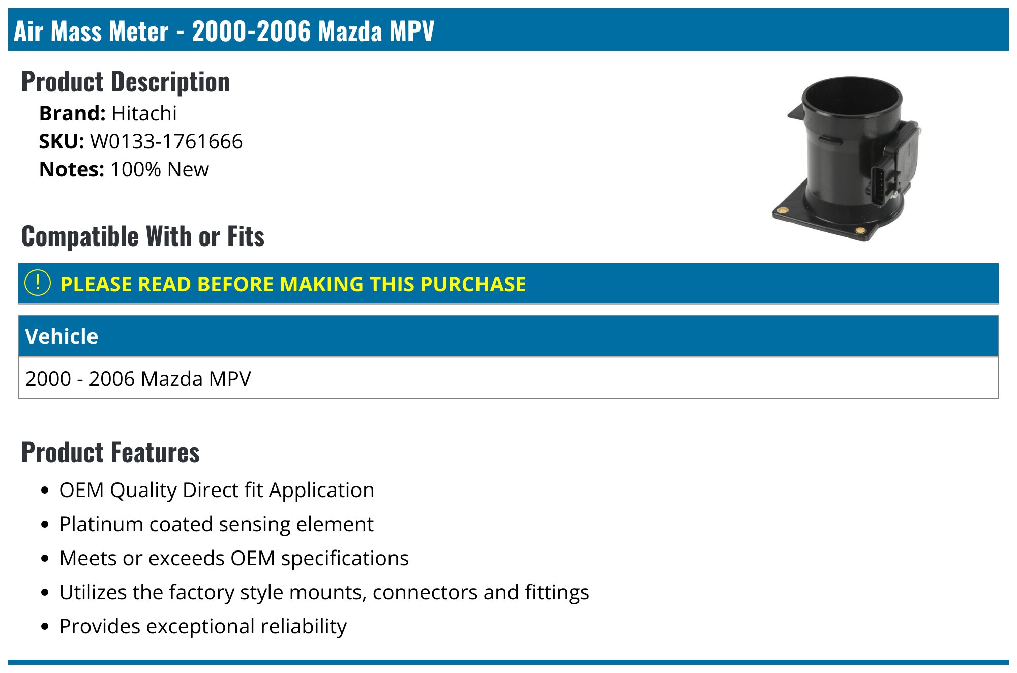 A-Premium Mass Air Flow Sensor For Mazda MPV 2000-2006 V6 2.5L 3.0L