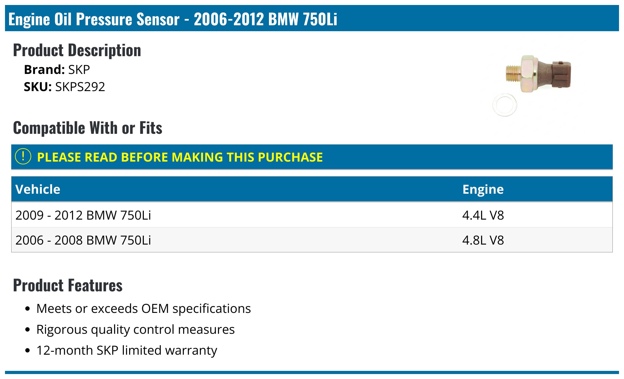 2006-2012 BMW 750Li Engine Oil Pressure Sensor - SKP SKPS292 ...