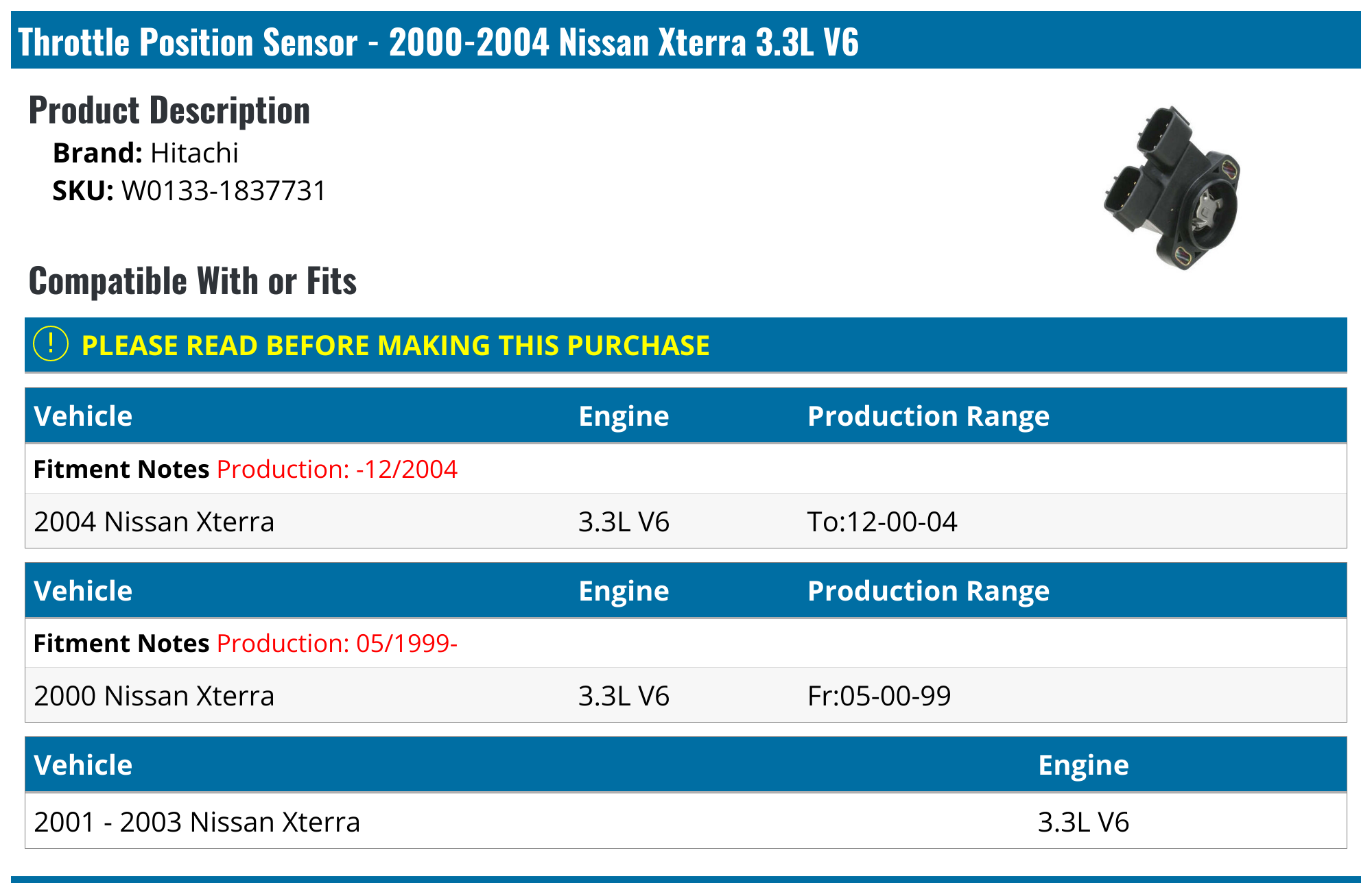 20002004 Nissan Xterra Throttle Position Sensor Hitachi W0133