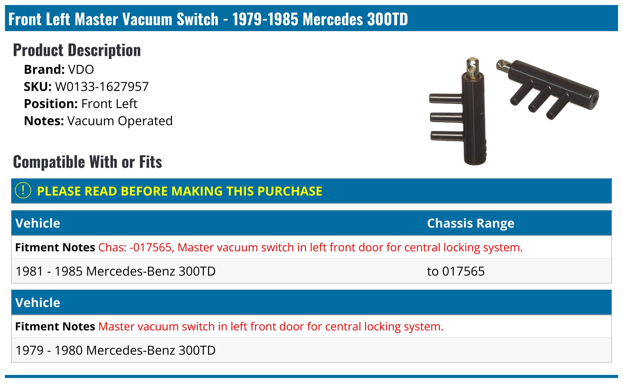1979-1985 Mercedes 300TD Master Vacuum Switch - VDO W0133-1627957 ...