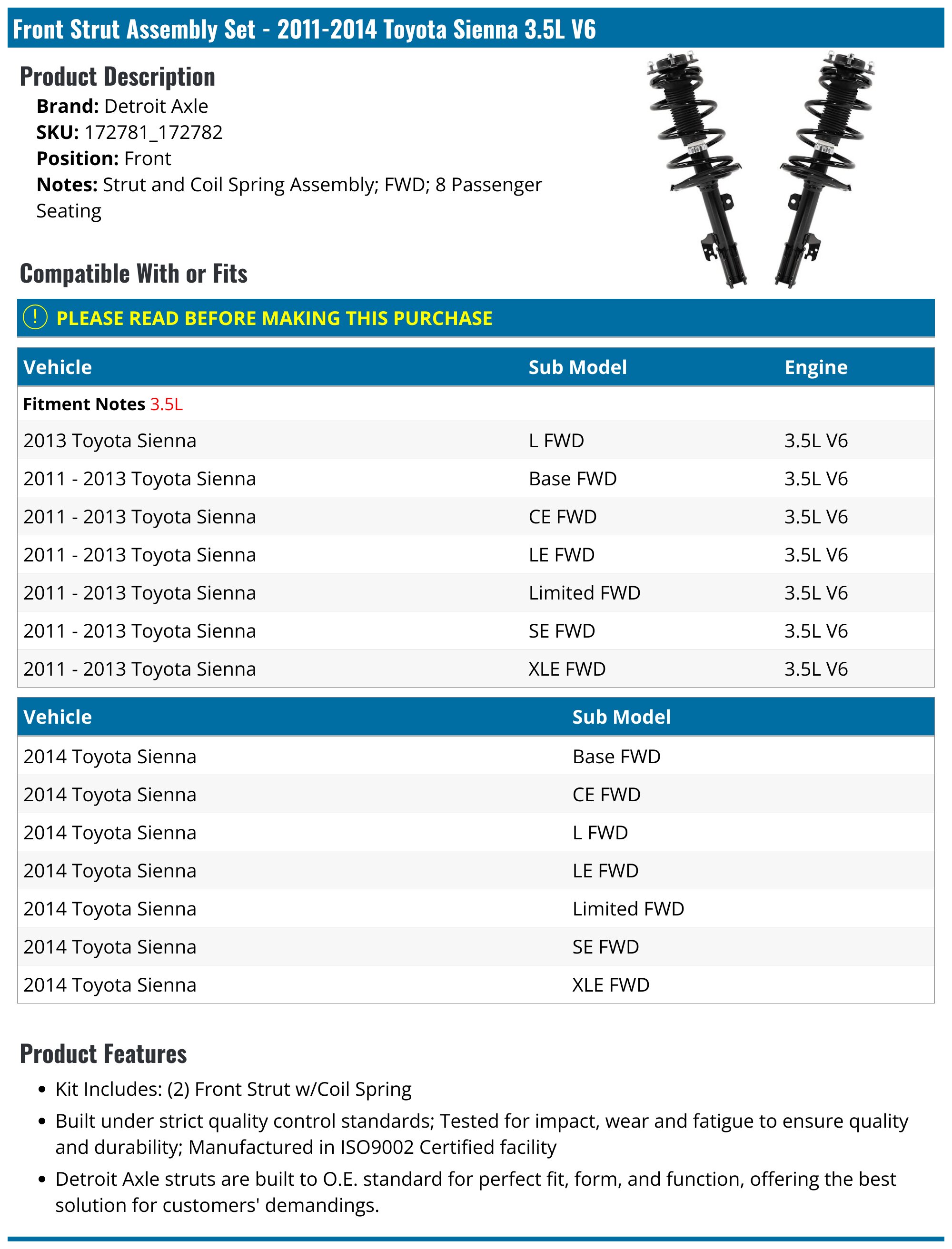 2011-2014 Toyota Sienna Strut Assembly - Detroit Axle 172781_172782 ...