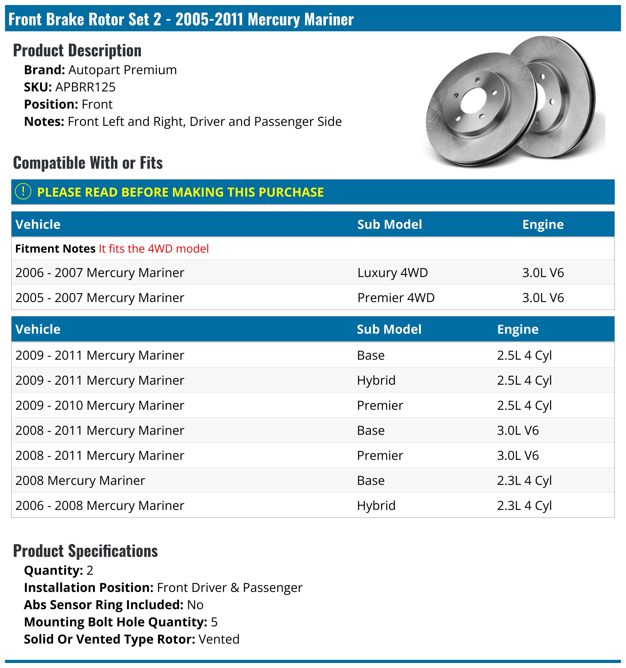 Auto Shack Front & Rear Ceramic Brake Pad Kit – 2005-2007 Mercury Mariner, Ford Escape, Mazda Tribute (2.3L/3.0L, 4WD/AWD/FWD)