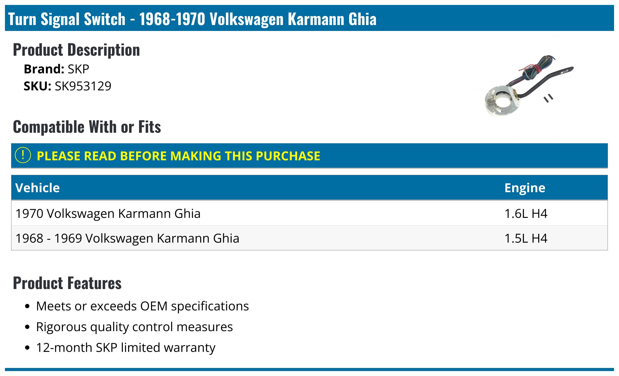Turn Signal Switch For 1968-1970 Volkswagen Karmann Ghia – 9-Wire, 48964NQ, 12-Month Warranty