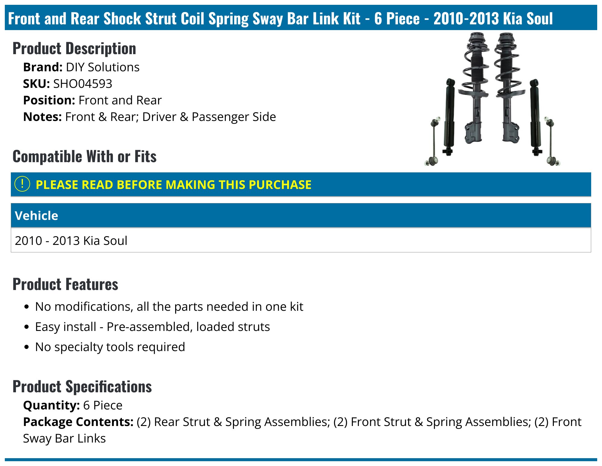 Front Struts Rear Shocks Control Arms Sway Bar Links for Kia Soul 2010-2013