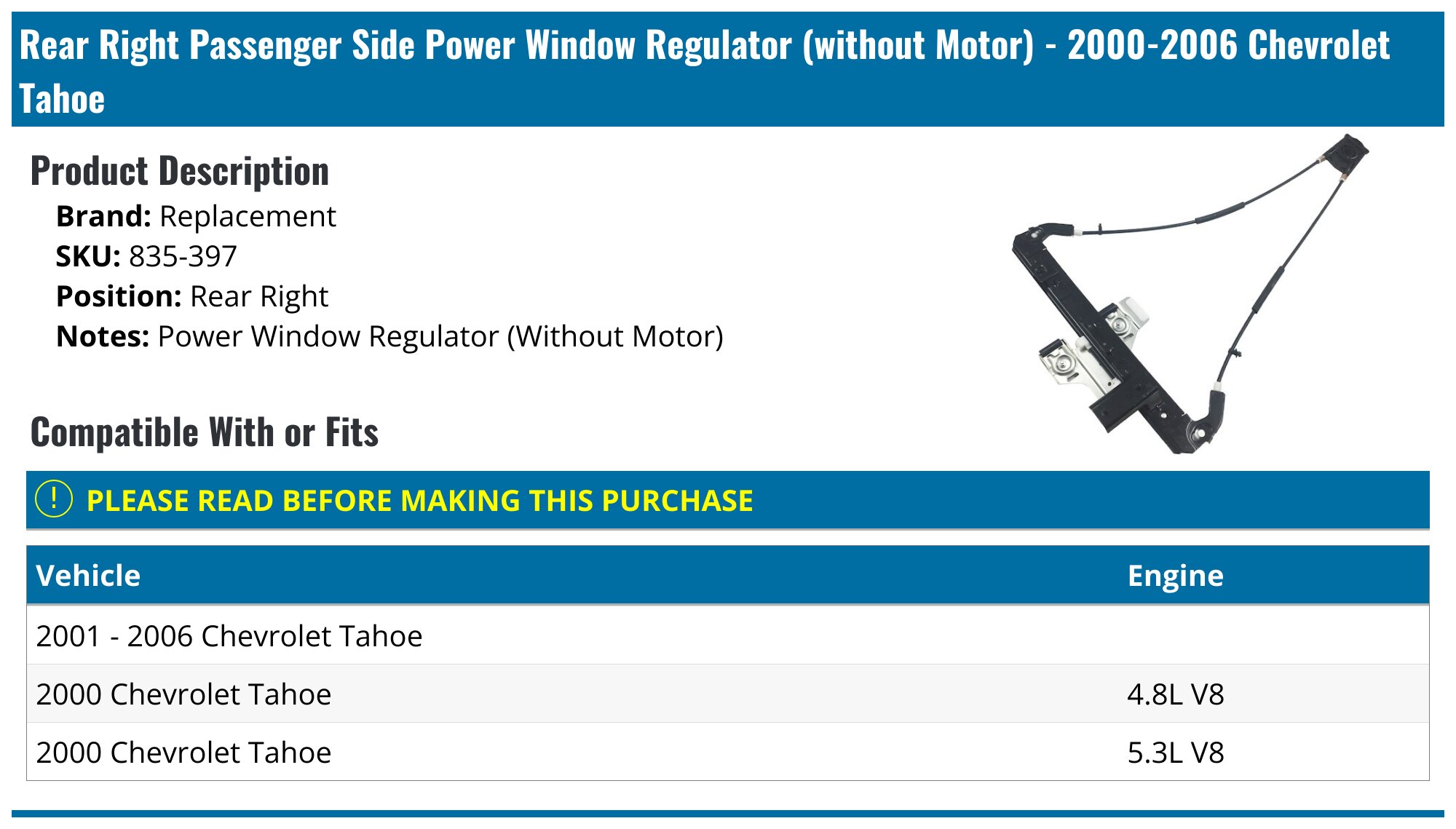 Rear Right Power Window Regulator With Motor For Chevy Tahoe GMC Yukon 00-06