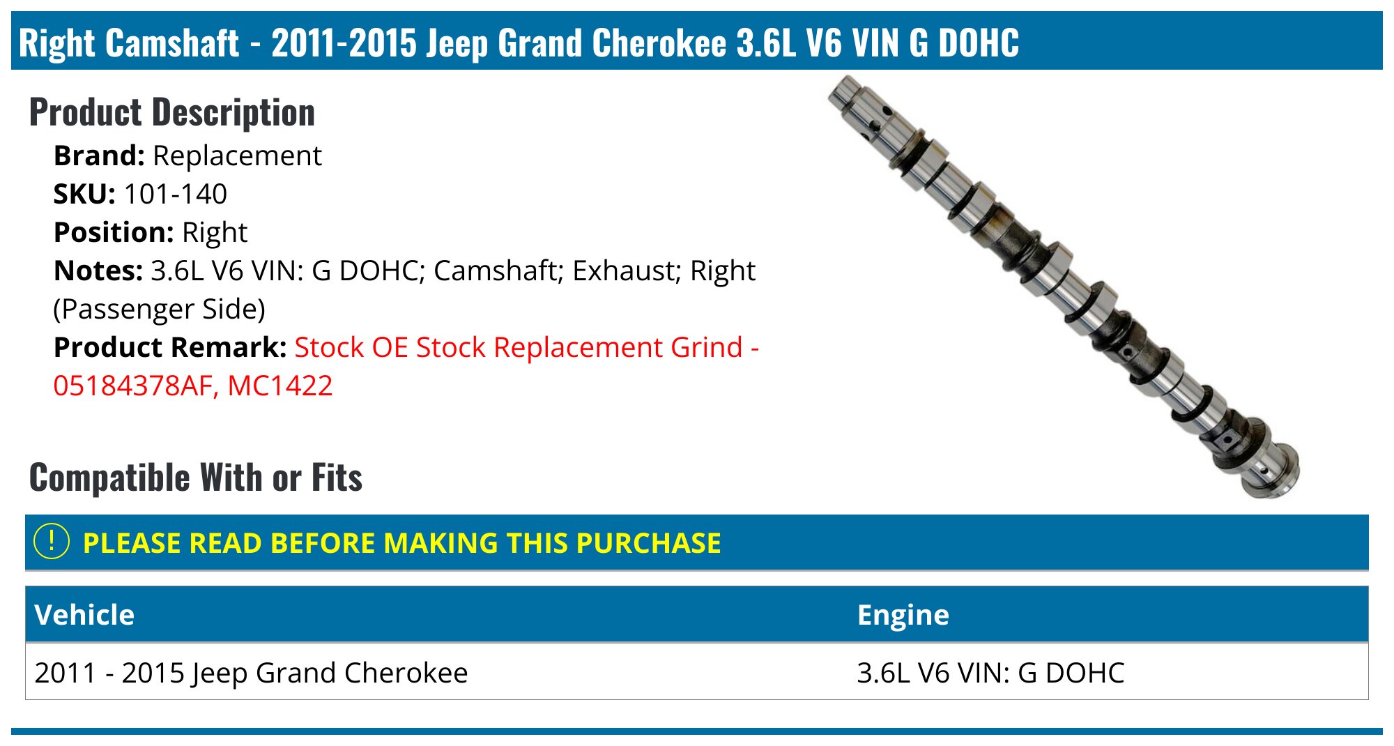 右側吸気カムシャフト、Dodge Jeep Ram Grand Chrysler Challenger 300