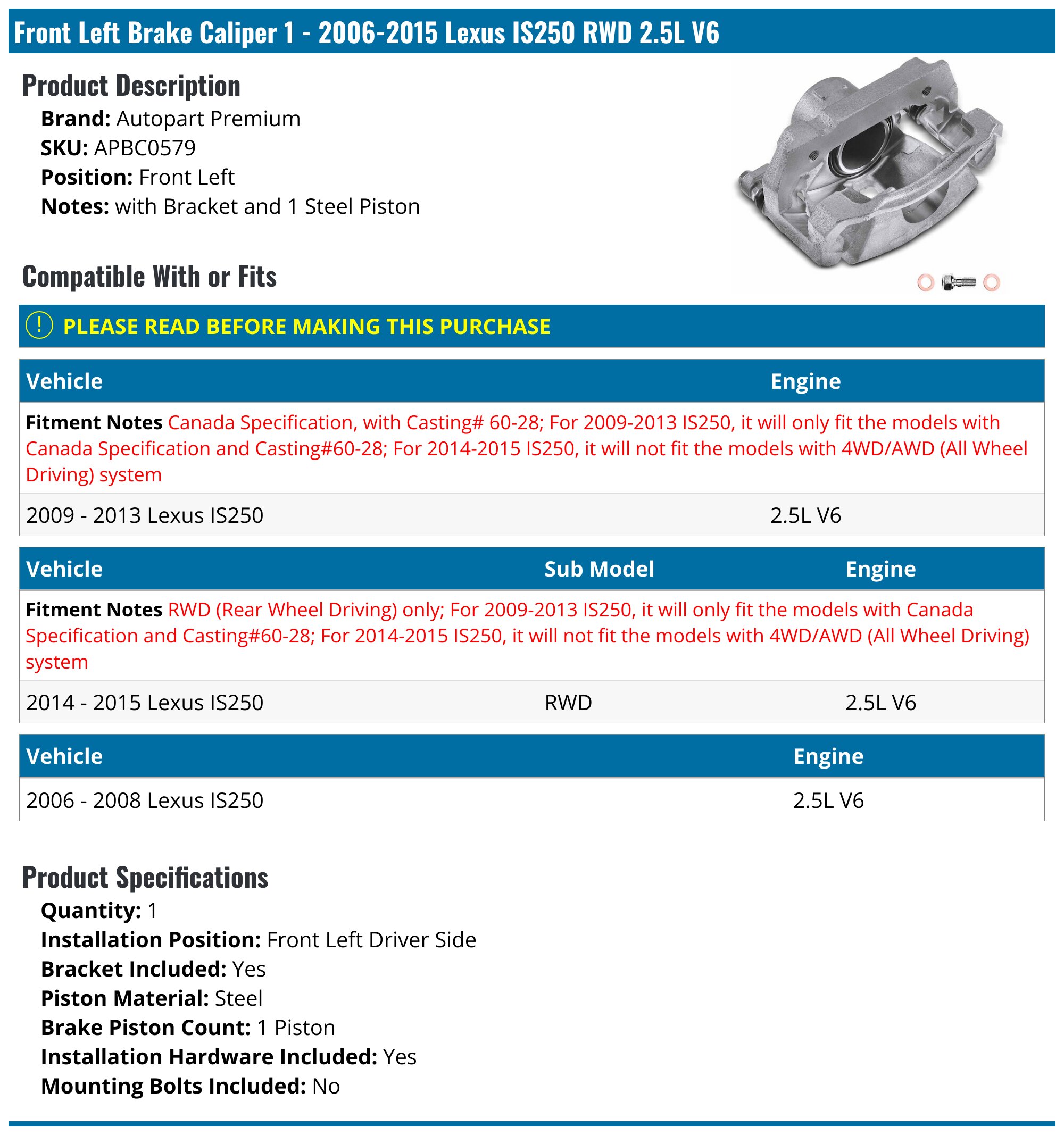 Rear Left Brake Caliper With Bracket – Lexus IS250 Base 2006-2013 V6 2.5L (w/o Sport Suspension)