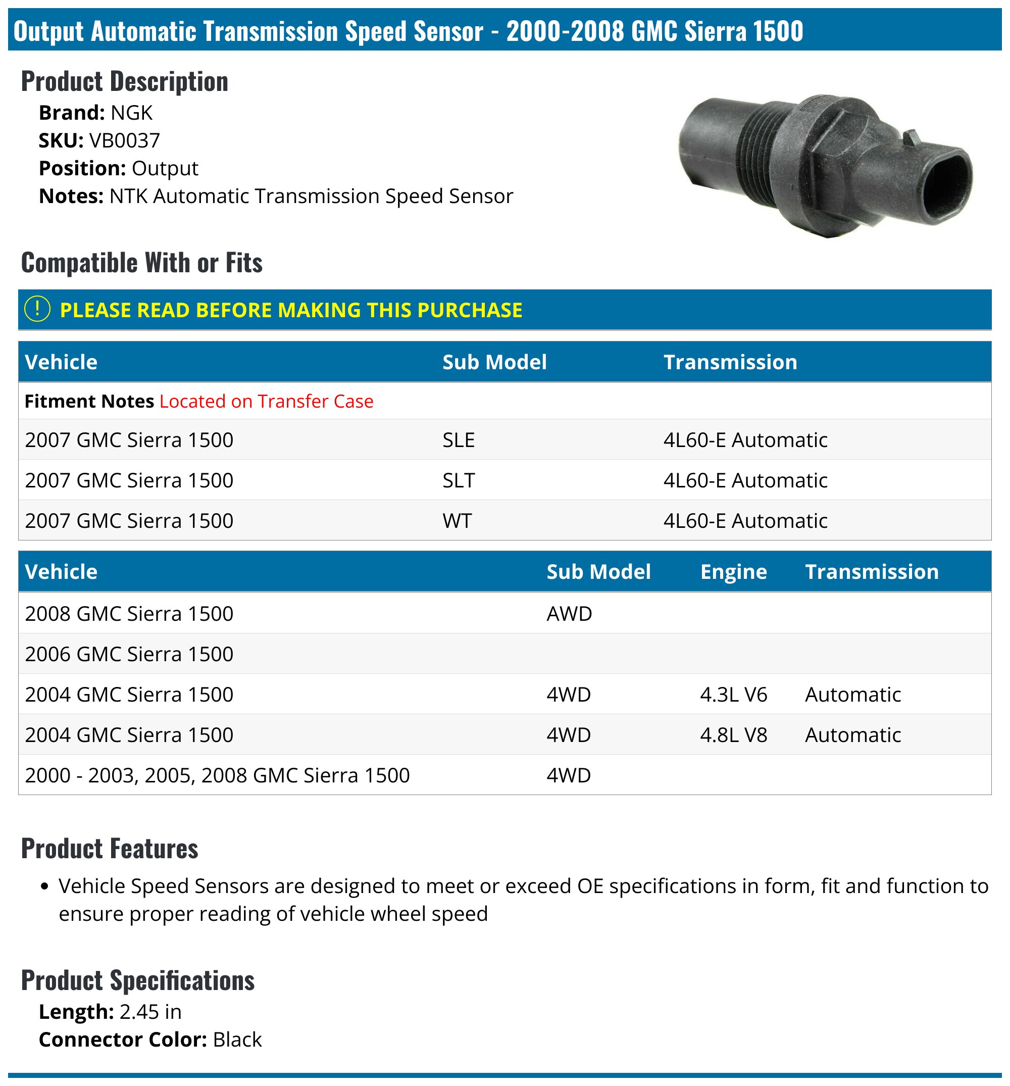 2000-2008 GMC Sierra 1500 Automatic Transmission Speed Sensor - NGK ...