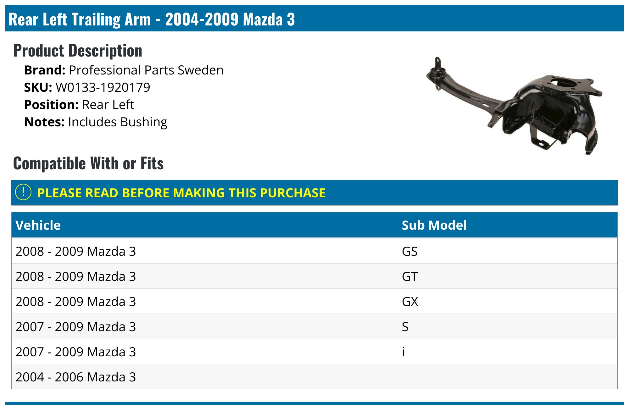 Rear Left Trailing Arm For 2004-2009 Mazda 3 2008 2007 2006 2005 
