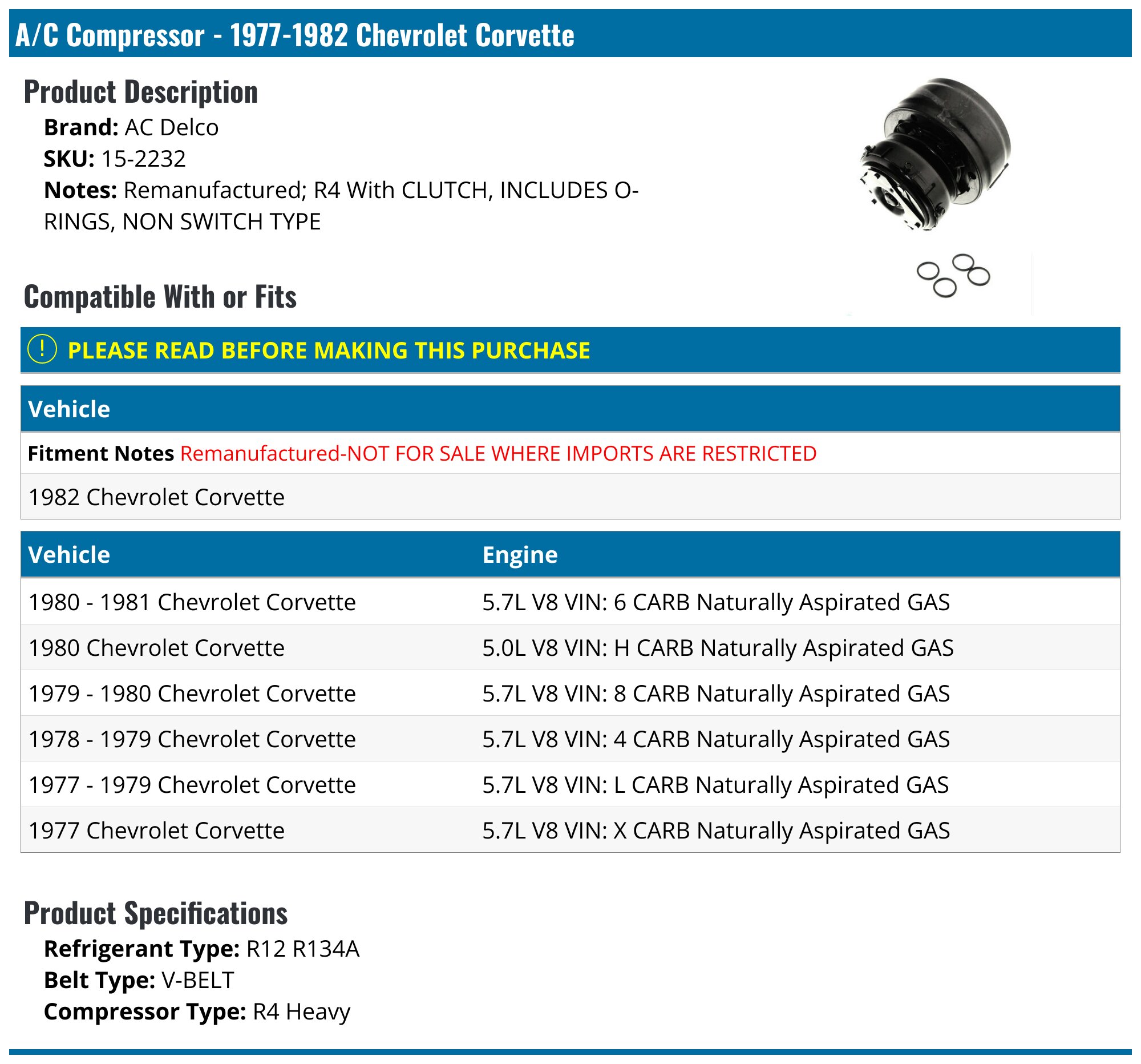 1977-1982 Chevrolet Corvette A/C Compressor - AC Delco 15-2232 ...