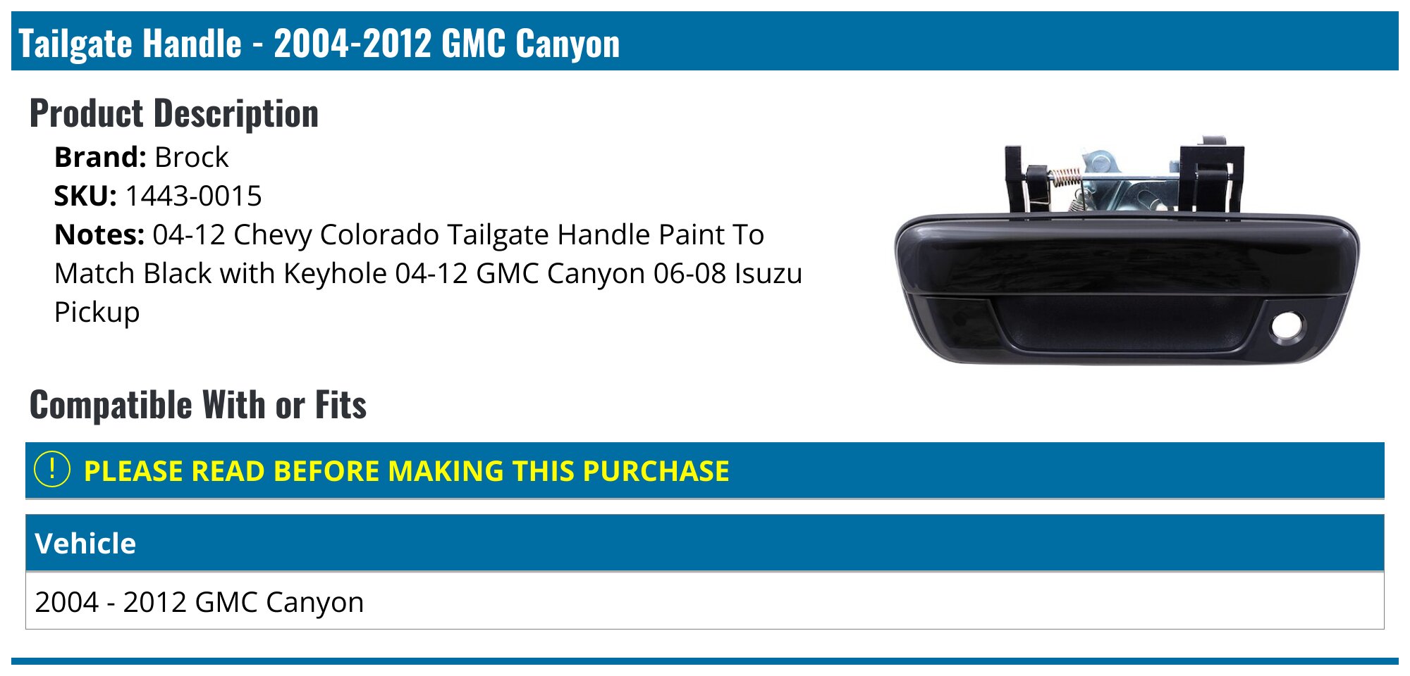 For 04-12 Chevy Colorado GMC Canyon Tailgate Handle no Lock Provision Black