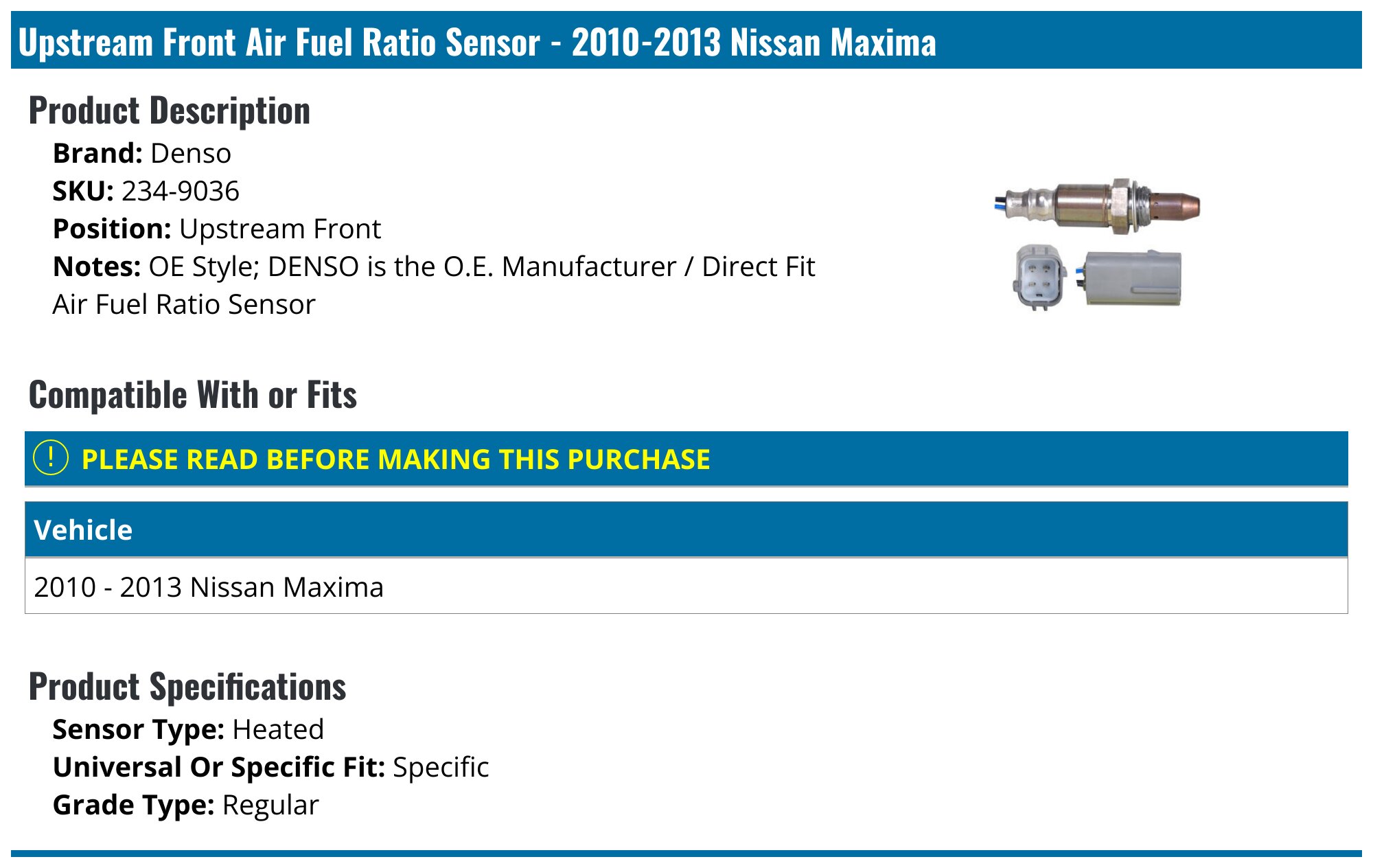 2010-2013 Nissan Maxima Oxygen Sensor - DIY Solutions EMS00392