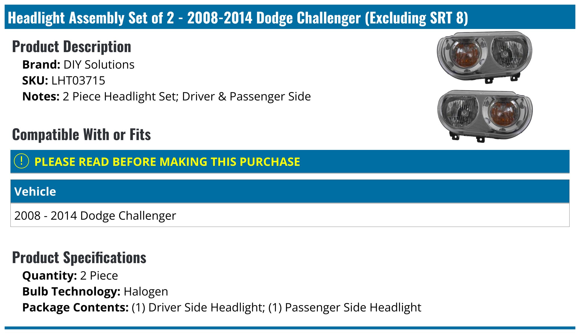 Halogen Headlight Assembly Set – Fits 2008-2014 Dodge Challenger (Black Housing, Clear Lens)