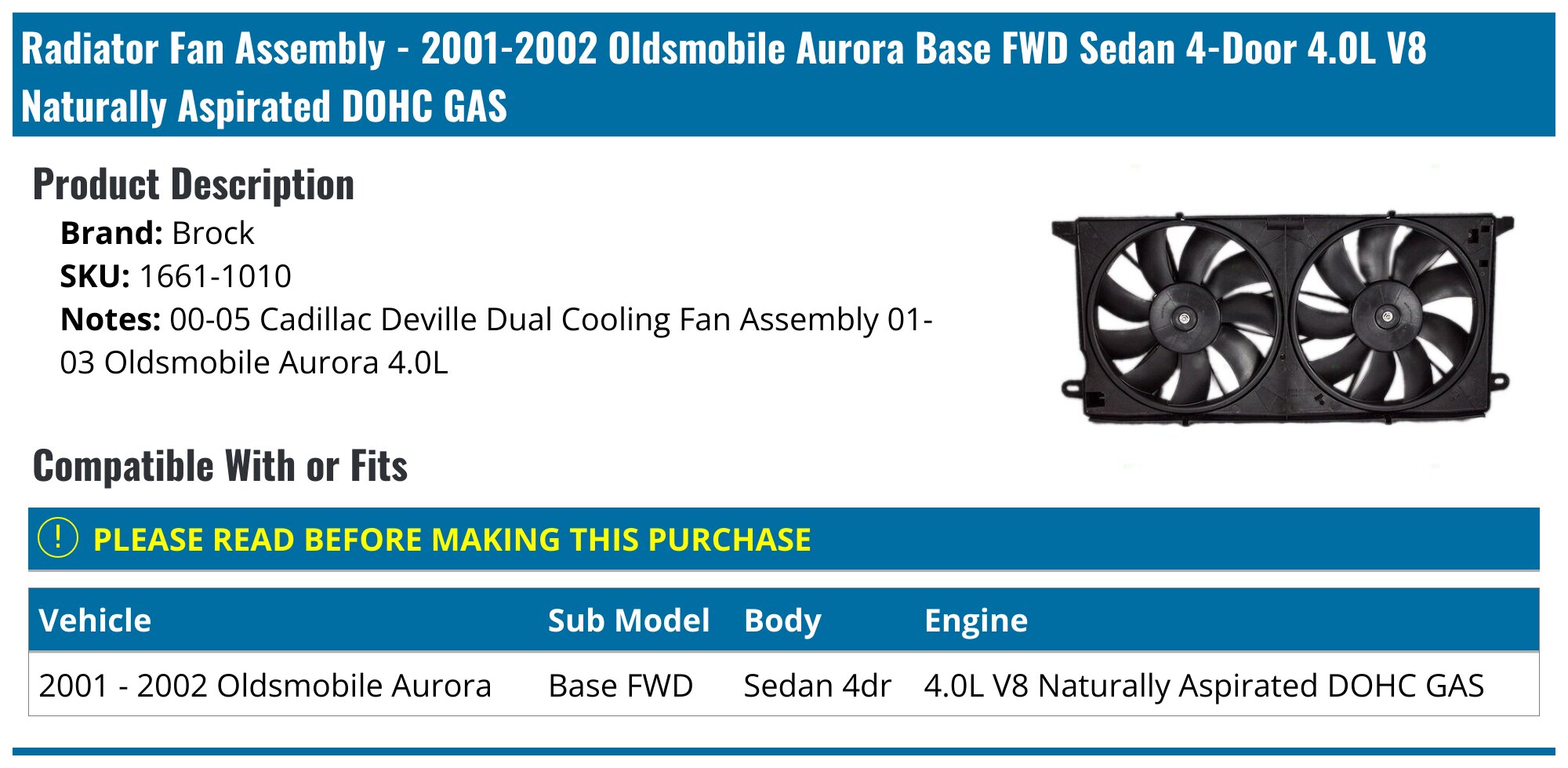 2001-2002 Oldsmobile Aurora Radiator Fan Assembly - Brock 1661-1010 ...