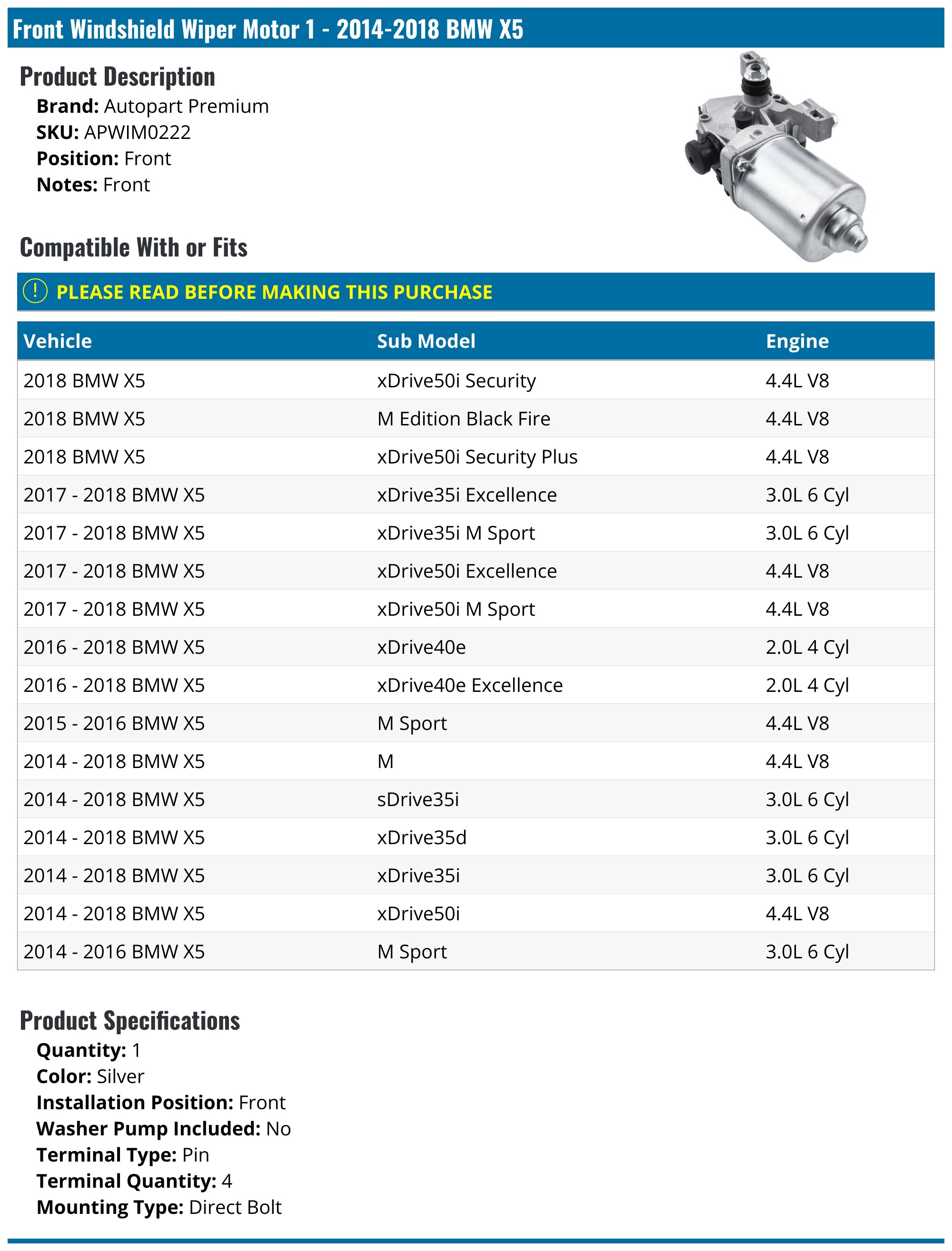 2014-2018 BMW X5 Windshield Wiper Motor - Autopart Premium APWIM0222 ...