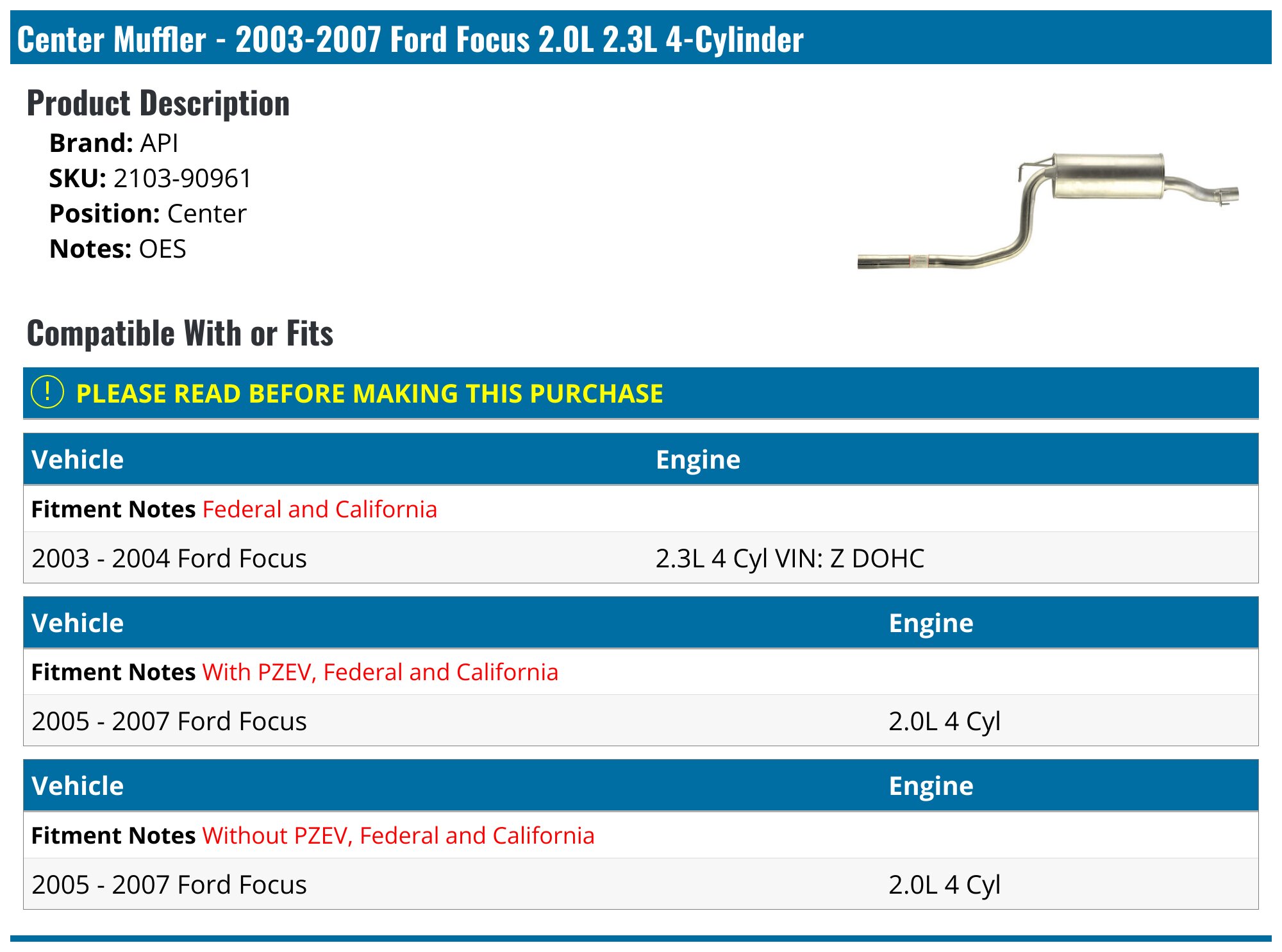 2005-2007 Ford Focus 2.0L Resonator & Muffler Exhaust Kit By Northeastern Exhaust – Direct Fit, 2in, Aluminized