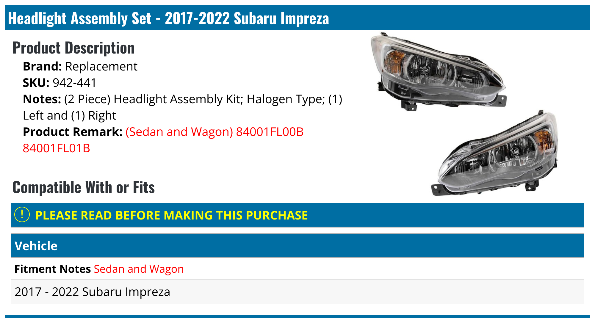 20172022 Subaru Impreza Headlight Assembly Replacement 942441