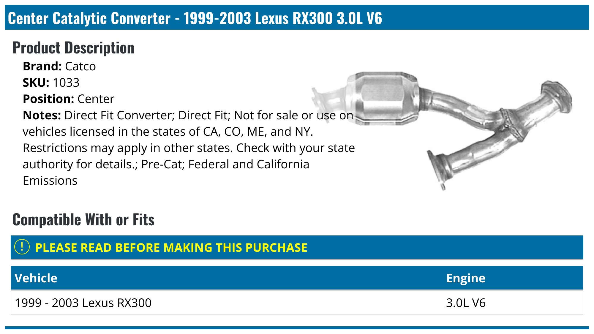 Pair Of Catalytic Converters For 2002-2003 Lexus ES300 & 2002-2006 Toyota Camry 3.0L - EPA Ceramic Stainless