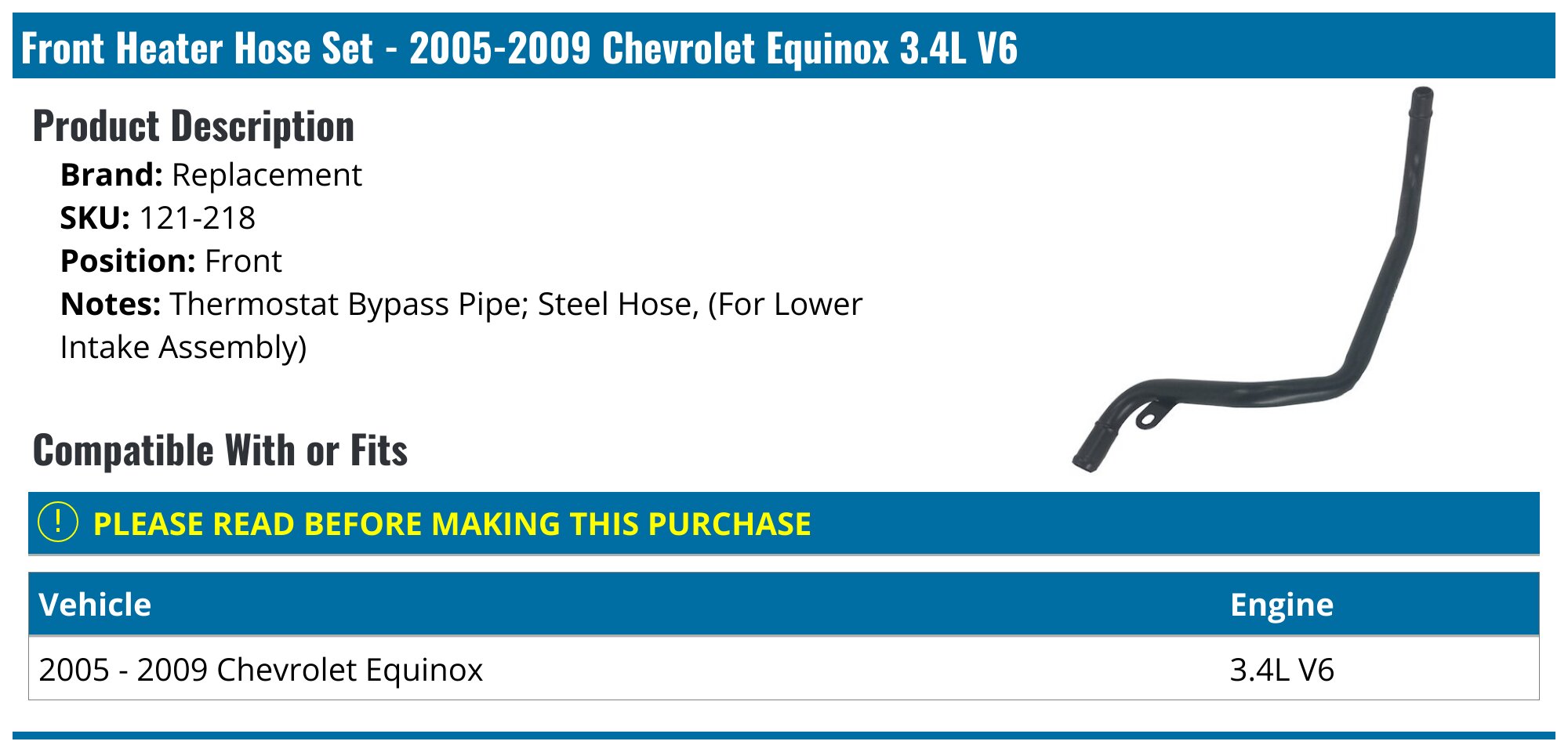 Gates Engine Coolant Bypass Hose For Chevrolet Equinox 3.4L V6 (2005-2009) – Direct Fit